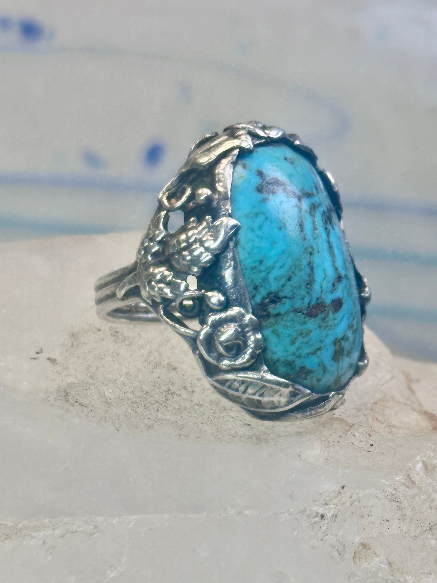 Turquoise ring size 4 pinky leaves floral flowers  art deco Sterling silver women girls