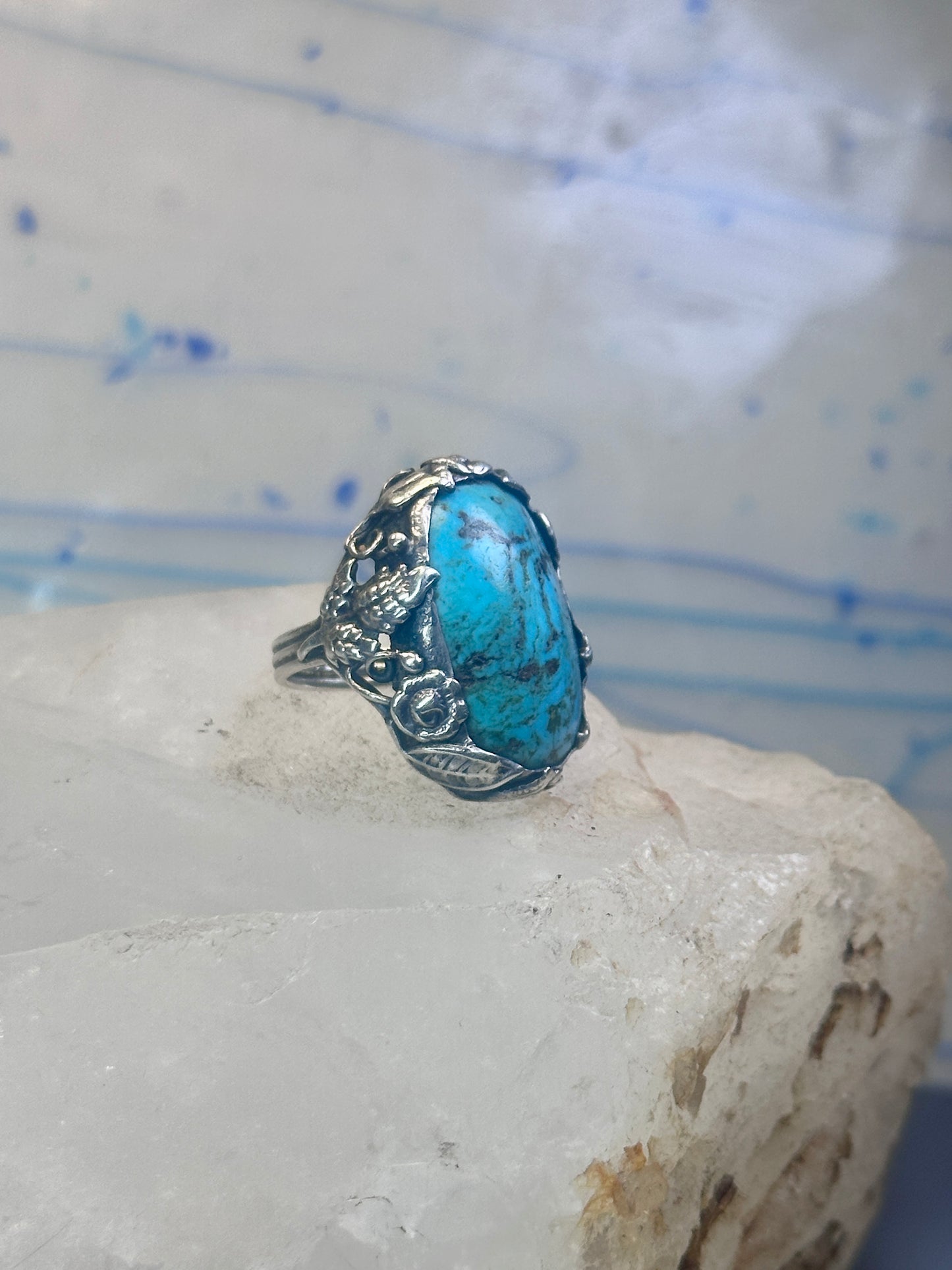 Turquoise ring size 4 pinky leaves floral flowers  art deco Sterling silver women girls
