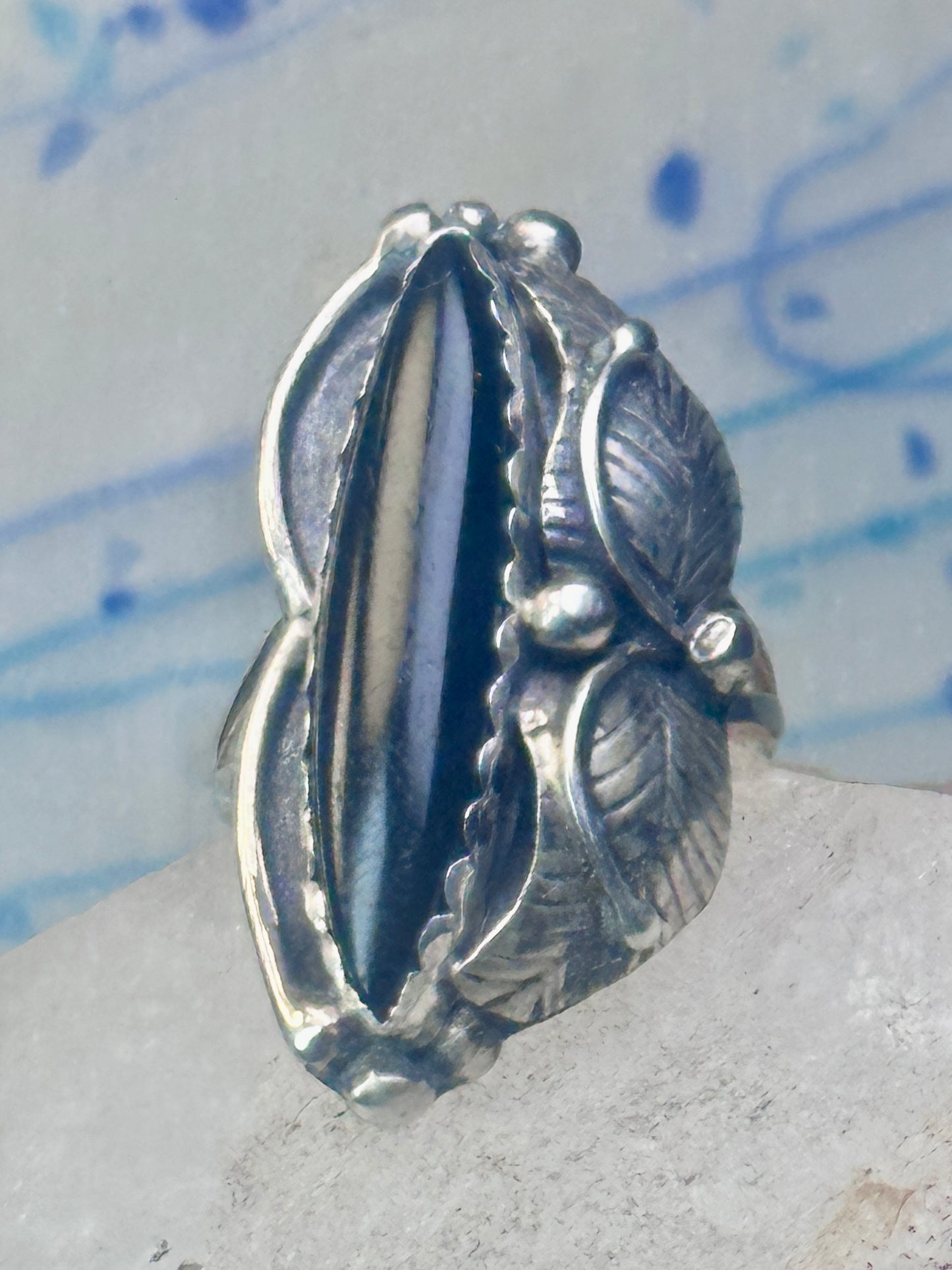 Long Onyx ring Navajo size 9 feathers leaves  Sterling silver women girls
