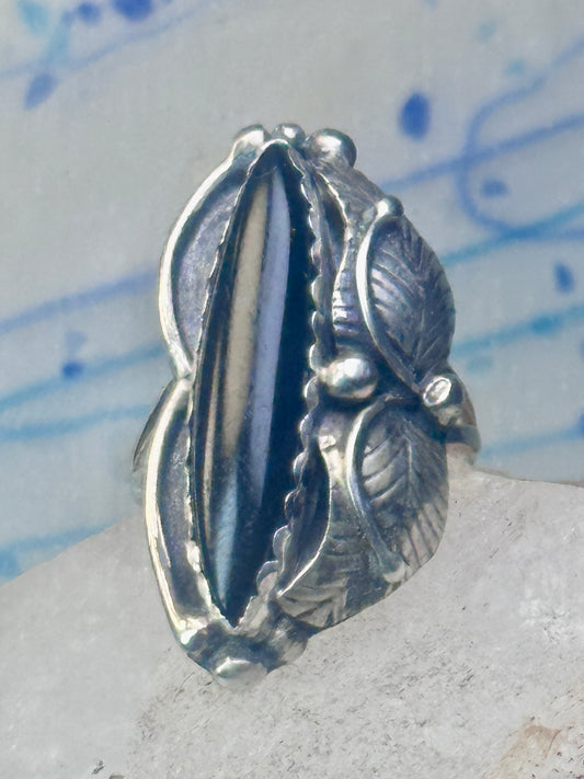 Long Onyx ring Navajo size 9 feathers leaves  Sterling silver women girls