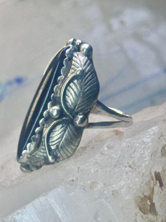 Long Onyx ring Navajo size 9 feathers leaves  Sterling silver women girls