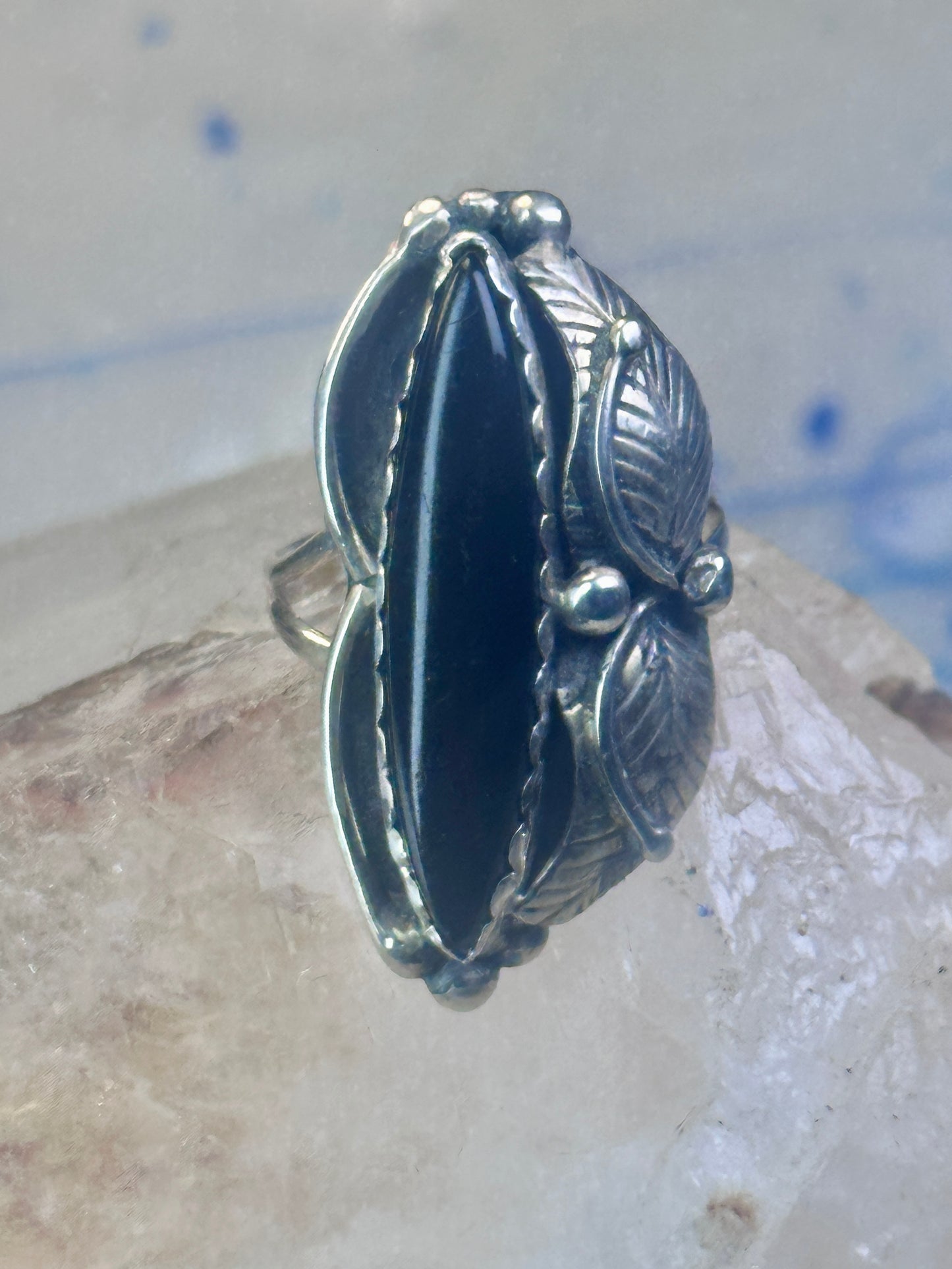 Long Onyx ring Navajo size 9 feathers leaves  Sterling silver women girls