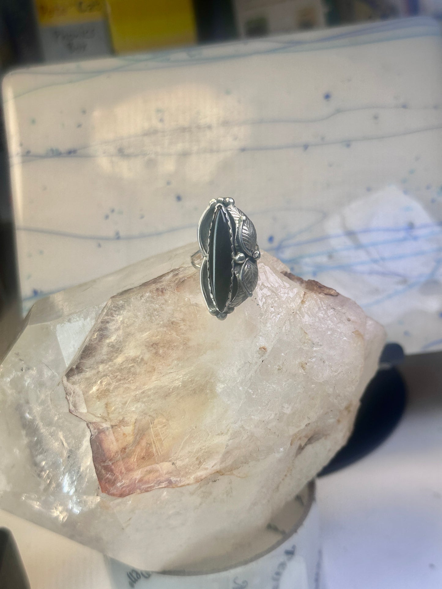 Long Onyx ring Navajo size 9 feathers leaves  Sterling silver women girls