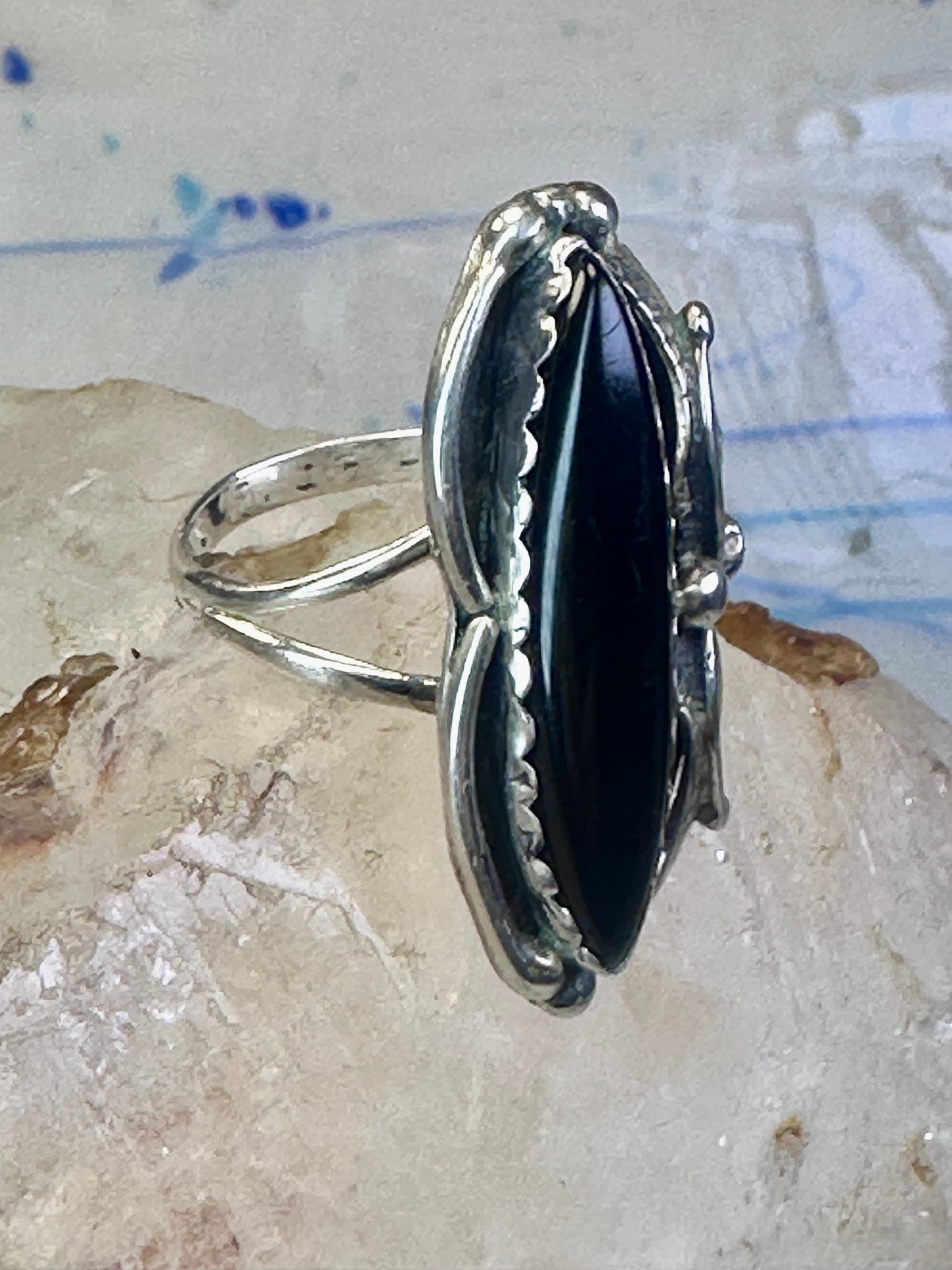 Long Onyx ring Navajo size 9 feathers leaves  Sterling silver women girls