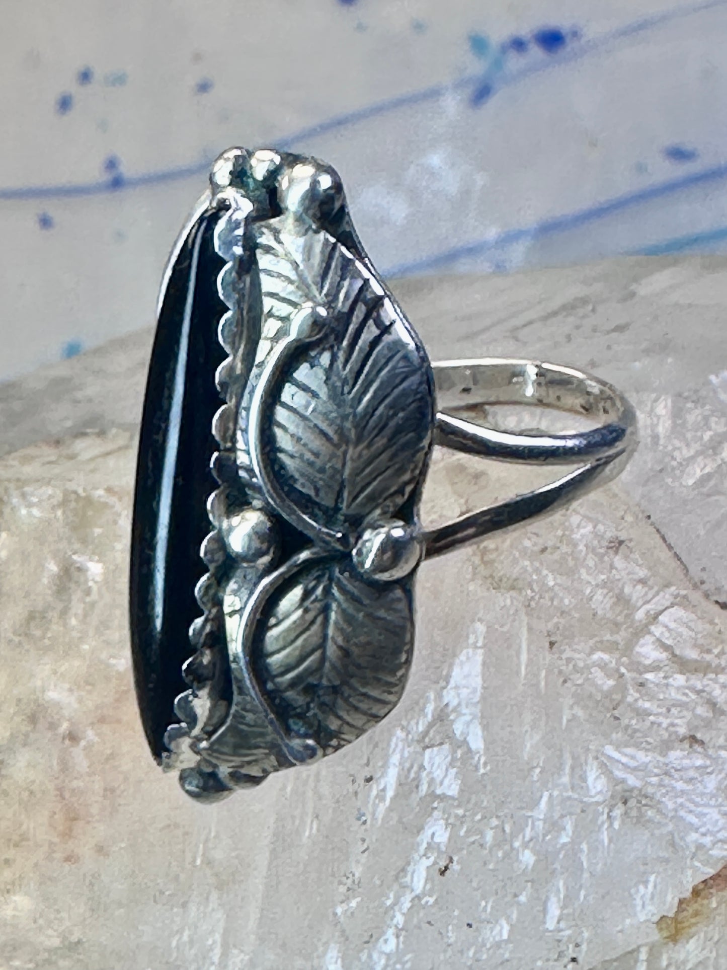 Long Onyx ring Navajo size 9 feathers leaves  Sterling silver women girls