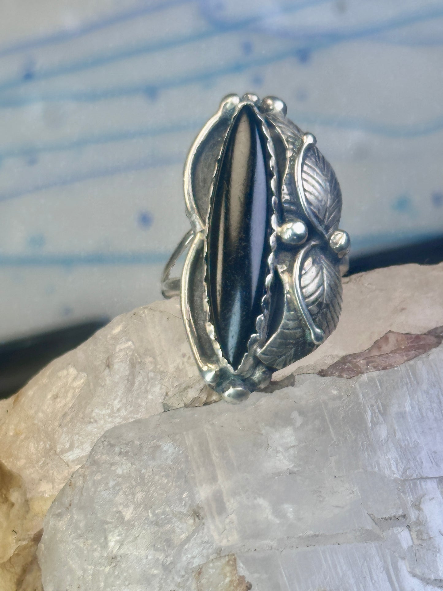 Long Onyx ring Navajo size 9 feathers leaves  Sterling silver women girls