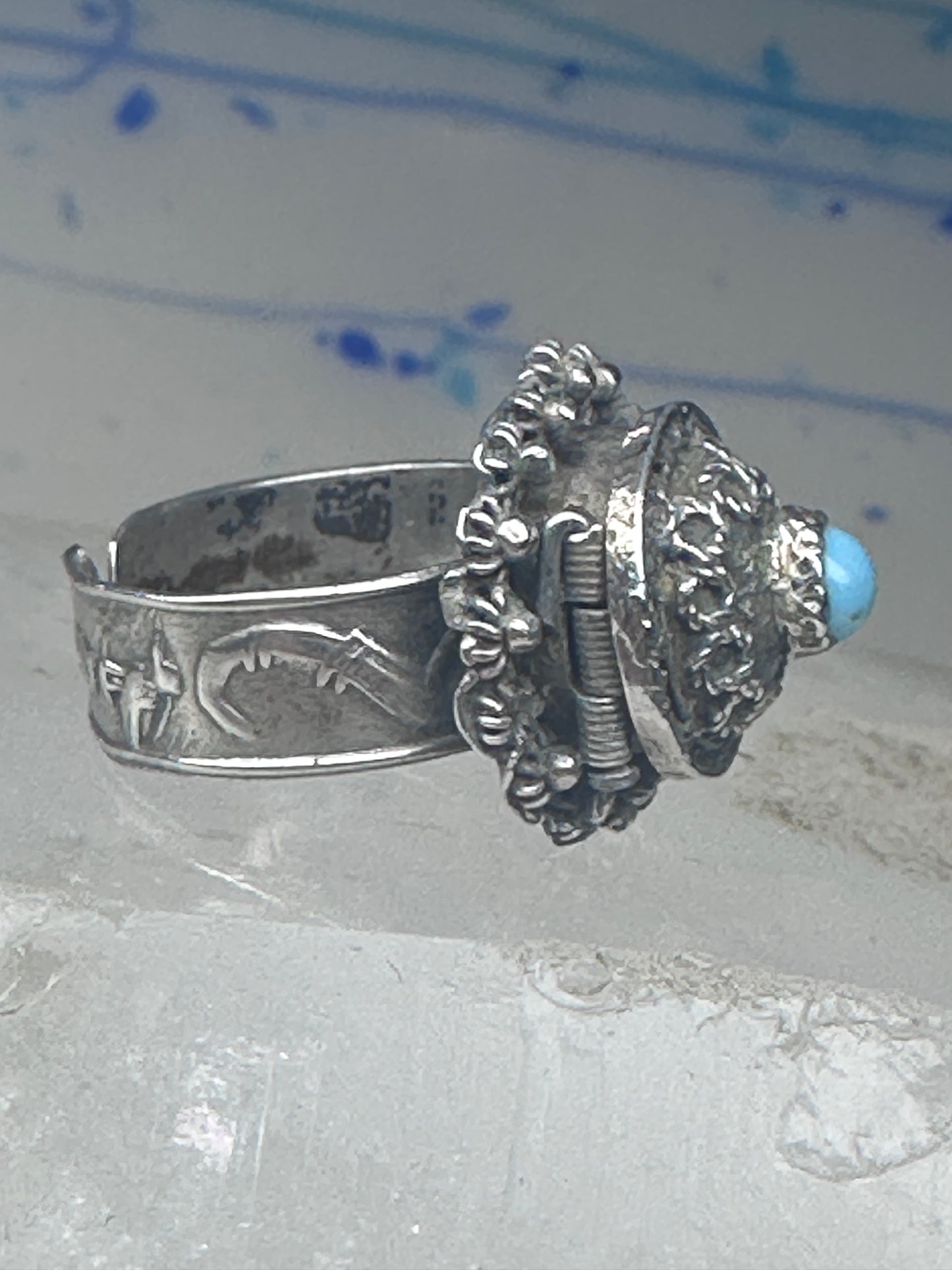 Poison Ring Size 6.7 adj Turquoise BOHO Egyptian images sterling silver