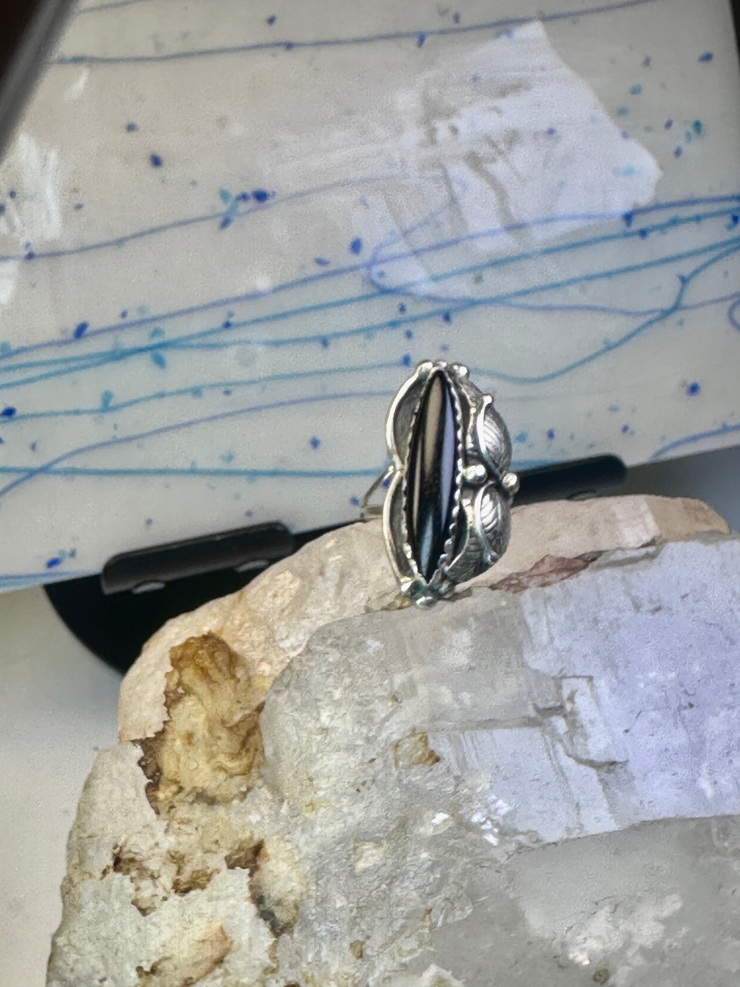 Long Onyx ring Navajo size 9 feathers leaves  Sterling silver women girls