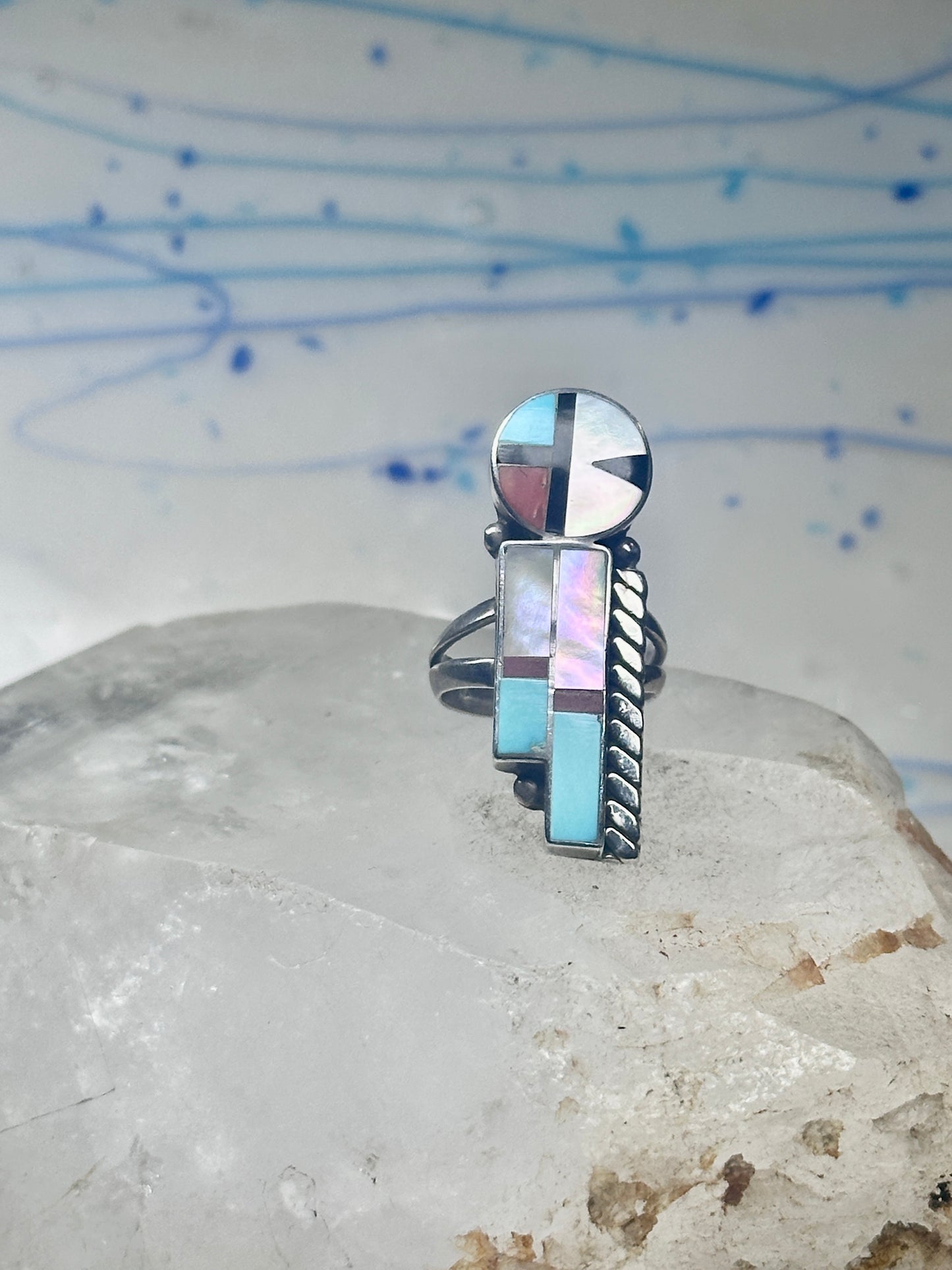 Sun Face Ring Julie O Lahi turquoise mop jet size 7 sterling silver women