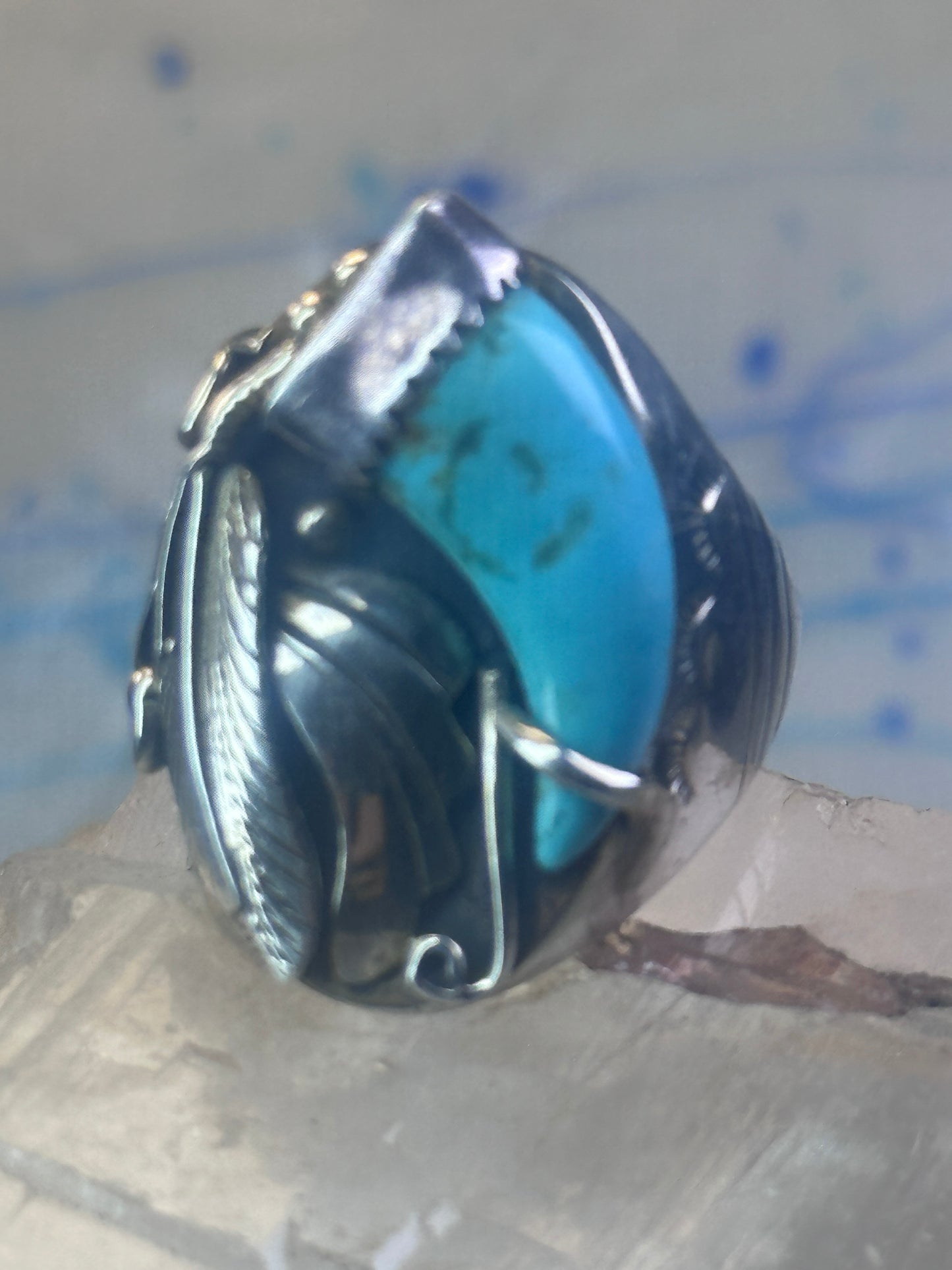 Turquoise ring Navajo size 12.50 feathers claw leaves Sterling silver women men