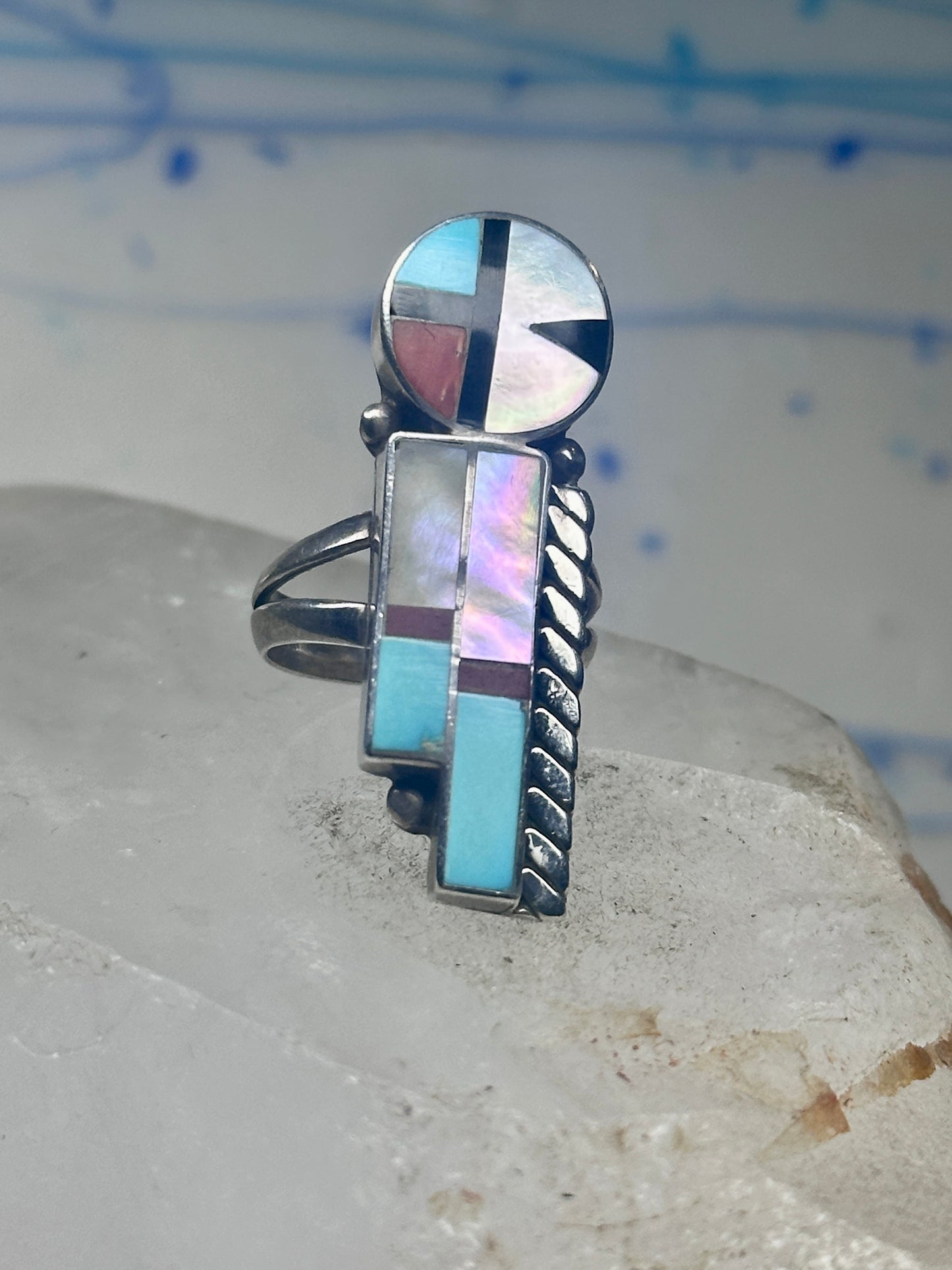 Sun Face Ring Julie O Lahi turquoise mop jet size 7 sterling silver women