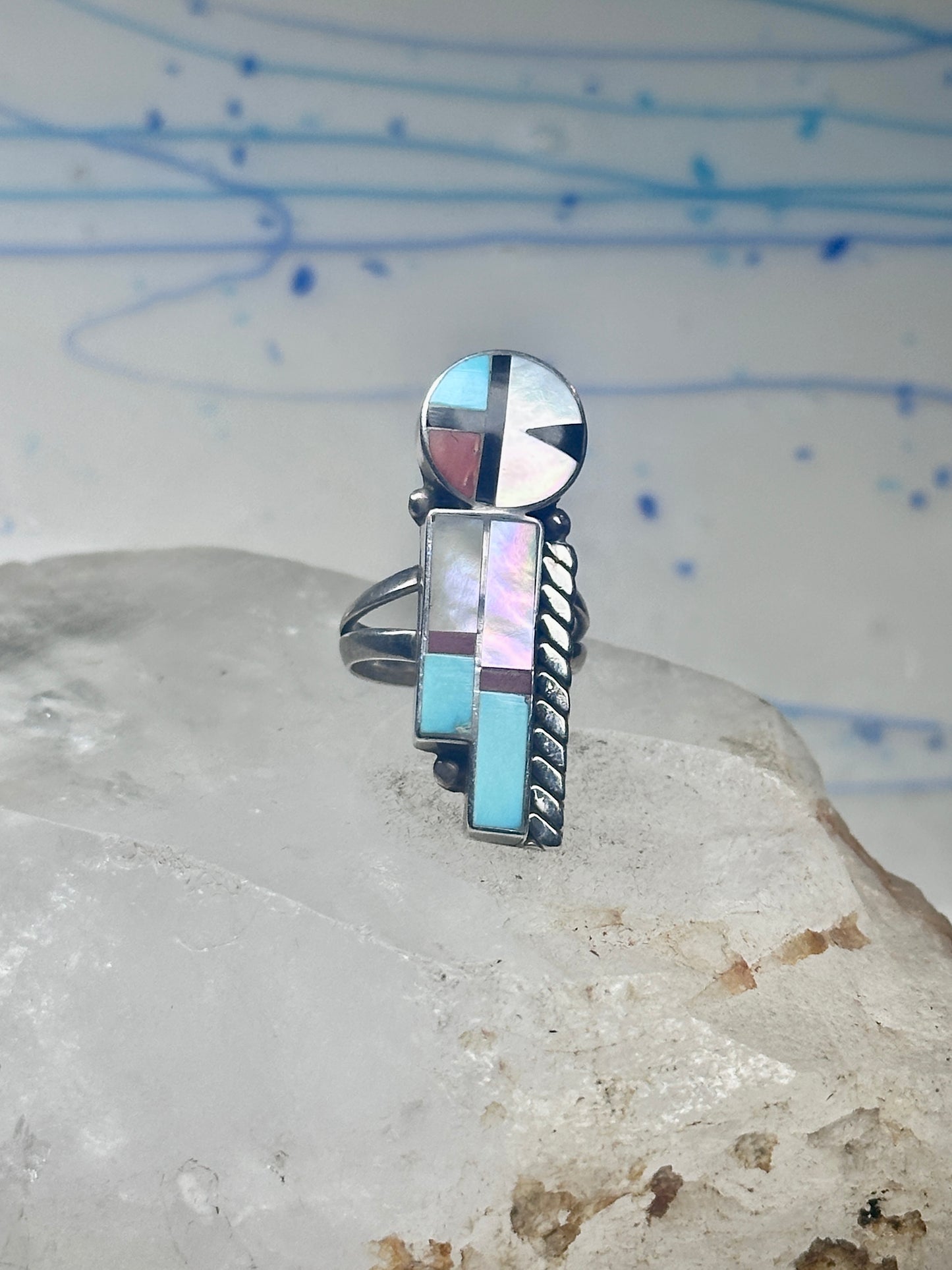 Sun Face Ring Julie O Lahi turquoise mop jet size 7 sterling silver women