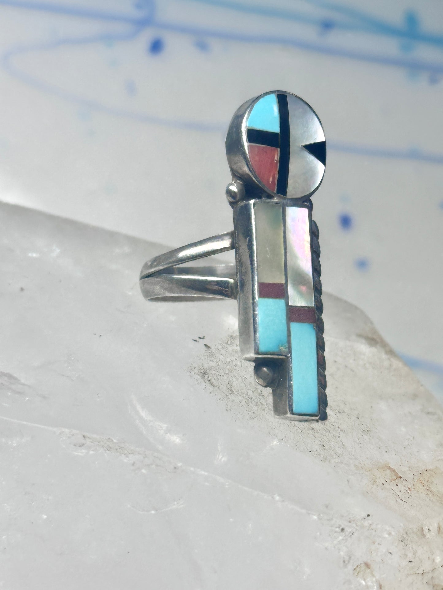 Sun Face Ring Julie O Lahi turquoise mop jet size 7 sterling silver women