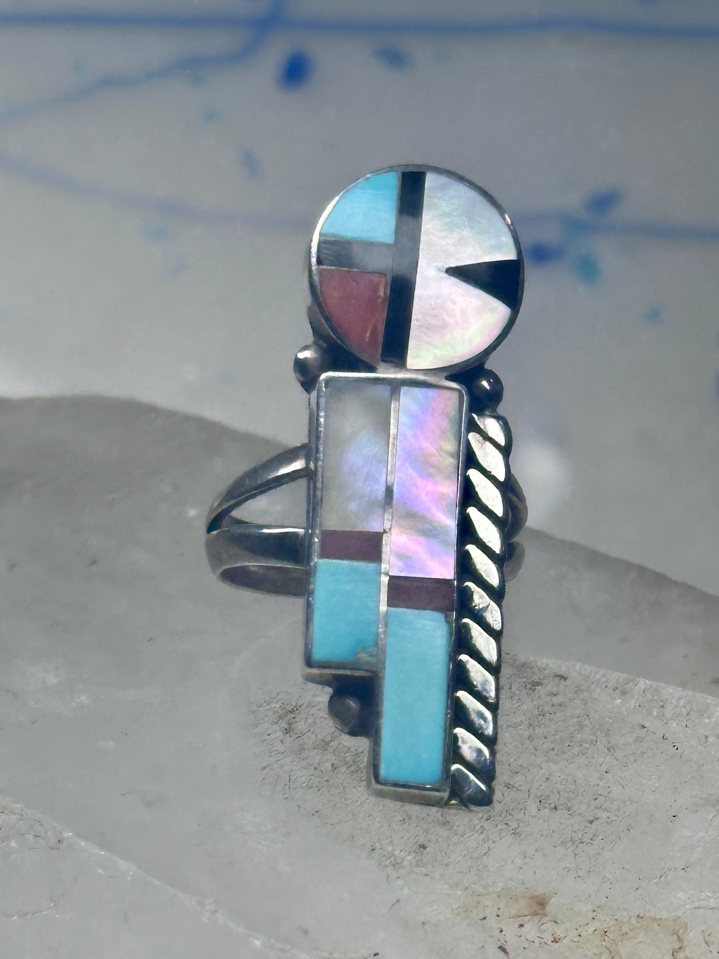 Sun Face Ring Julie O Lahi turquoise mop jet size 7 sterling silver women