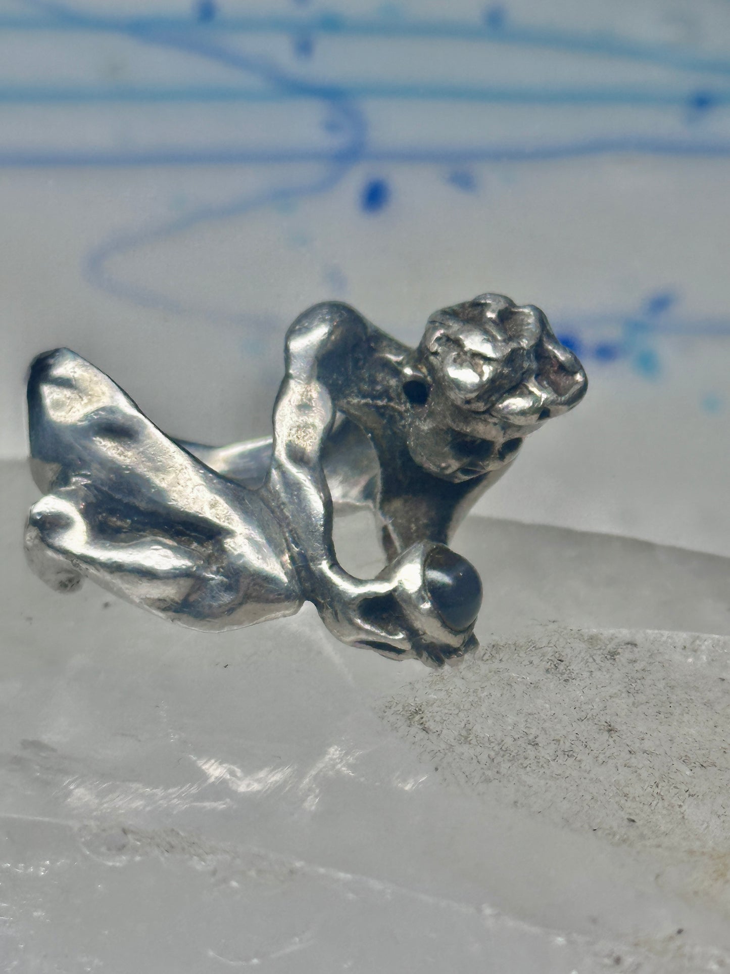 Male Ring figure holding a stone Good Luck size 8.75 sterling silver women