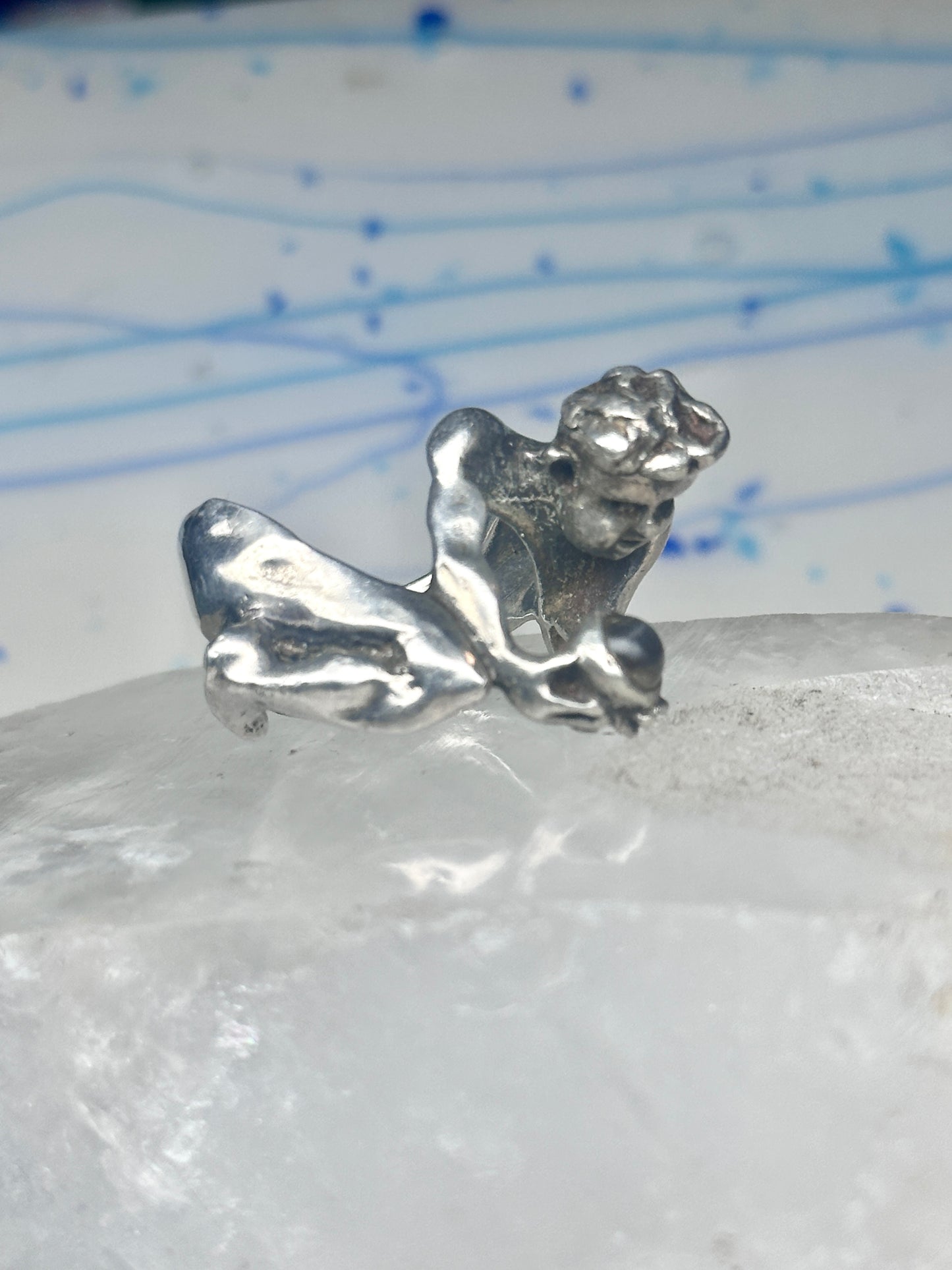 Male Ring figure holding a stone Good Luck size 8.75 sterling silver women