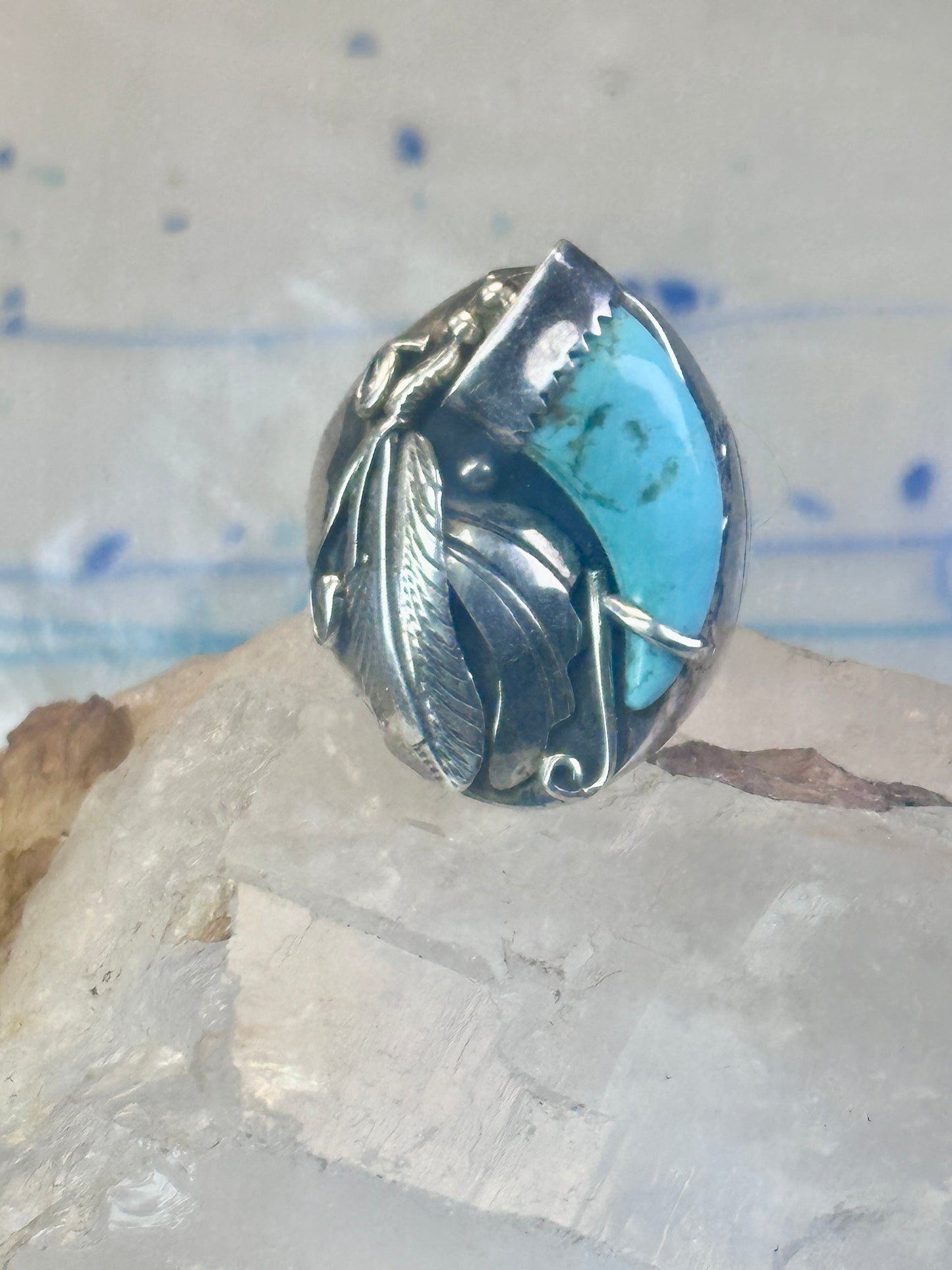 Turquoise ring Navajo size 12.50 feathers claw leaves Sterling silver women men