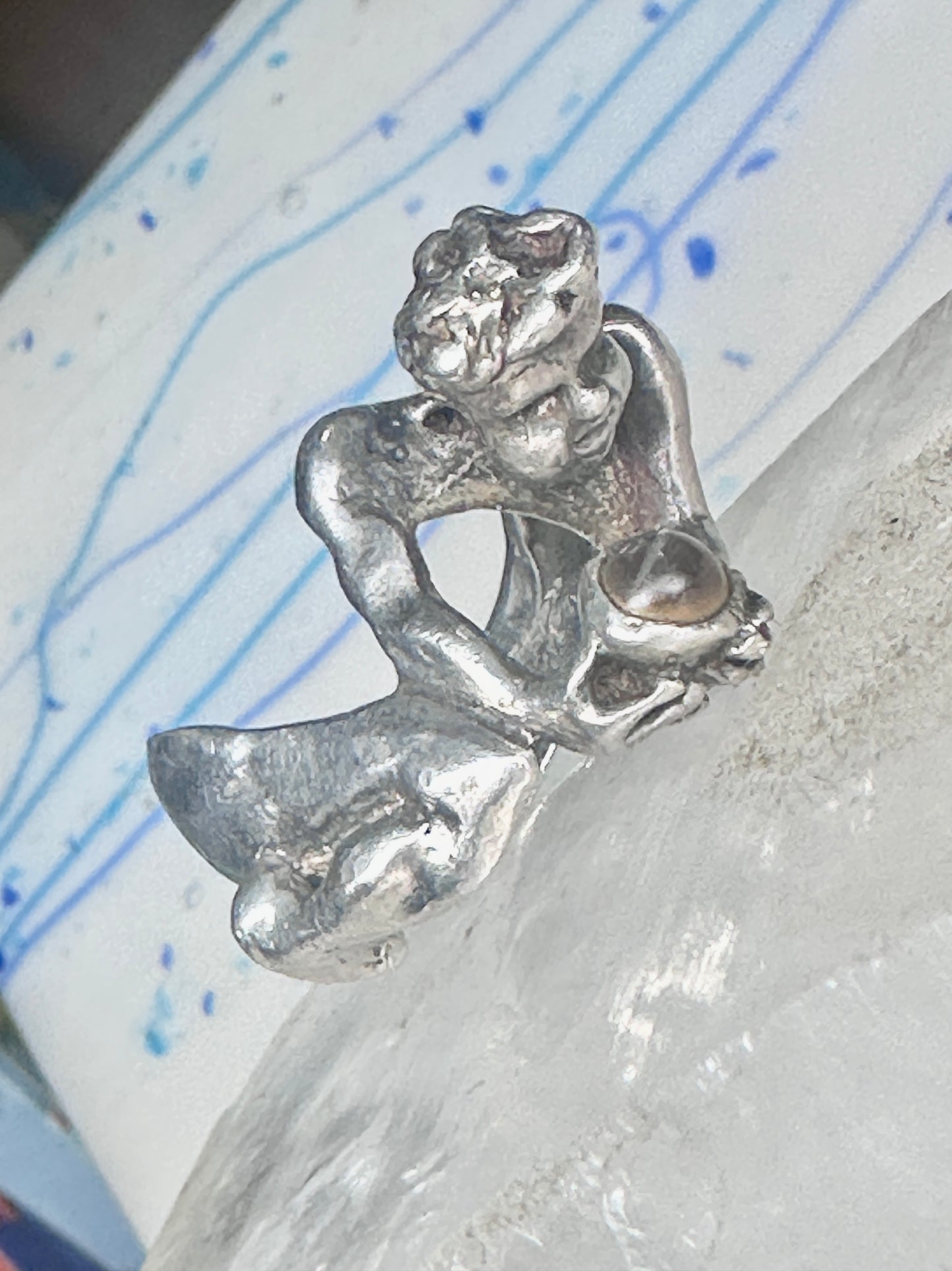 Male Ring figure holding a stone Good Luck size 8.75 sterling silver women