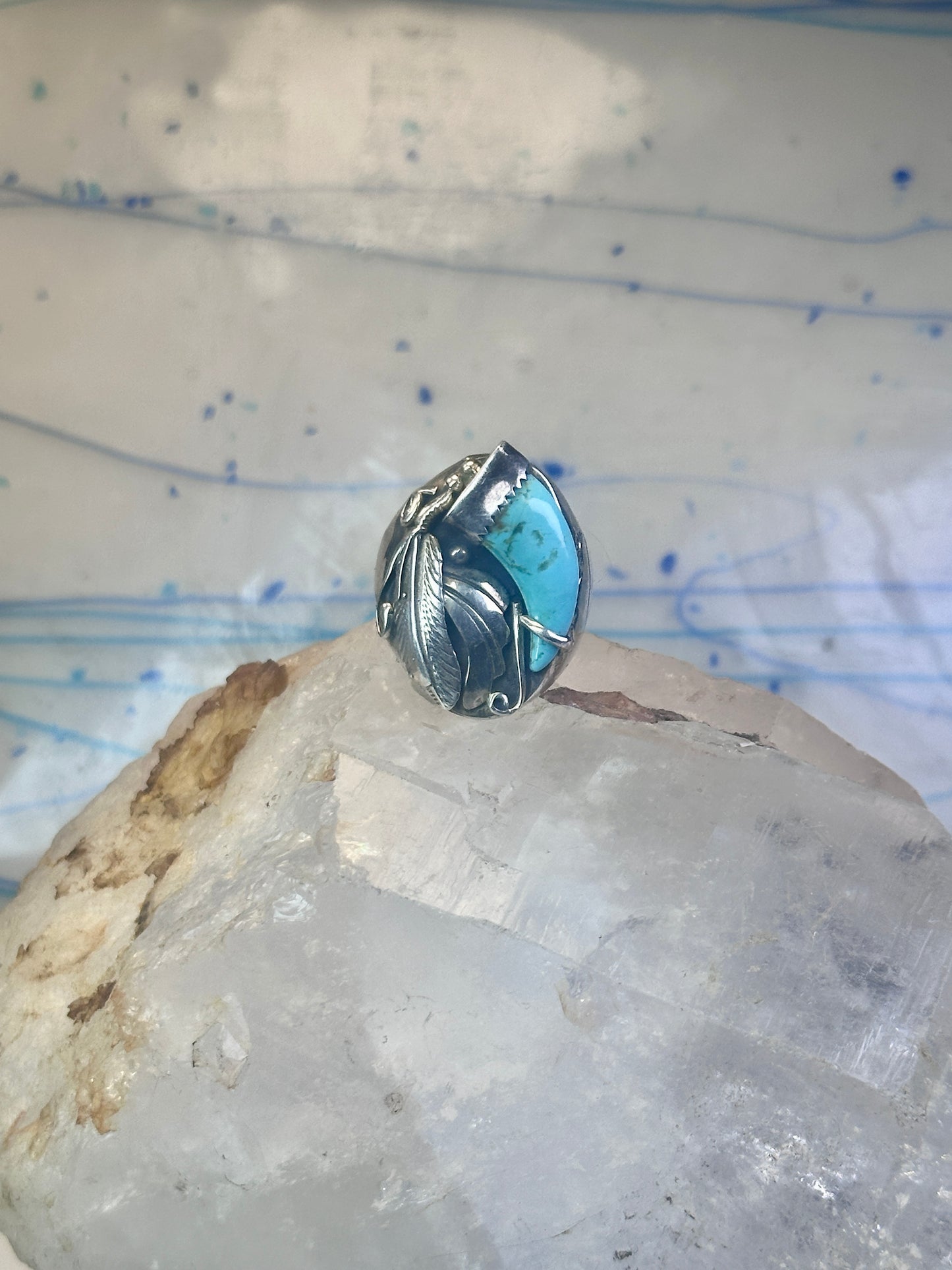 Turquoise ring Navajo size 12.50 feathers claw leaves Sterling silver women men