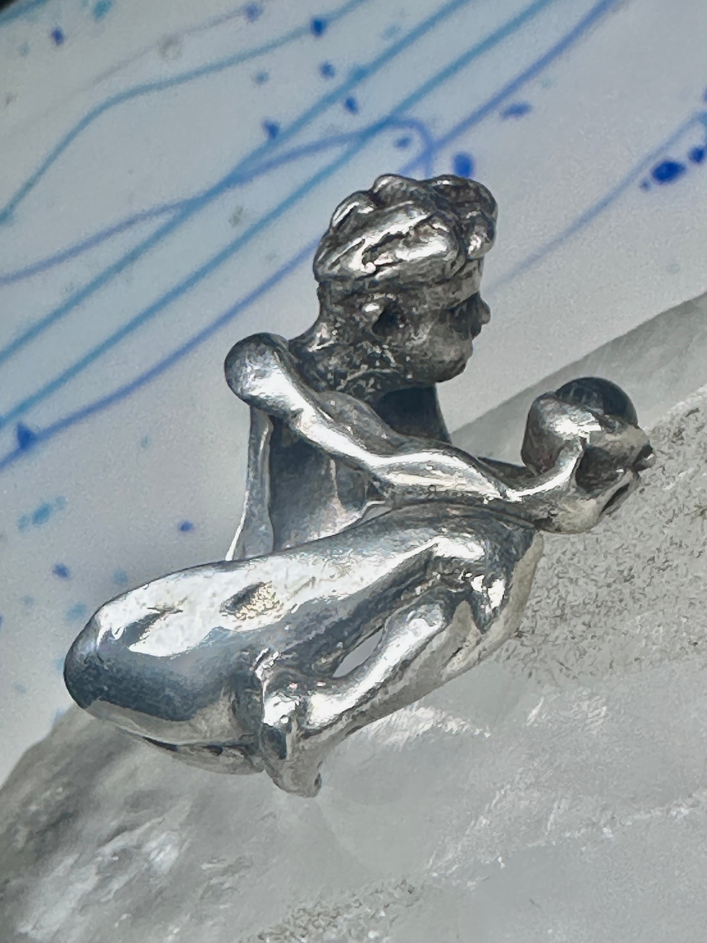 Male Ring figure holding a stone Good Luck size 8.75 sterling silver women