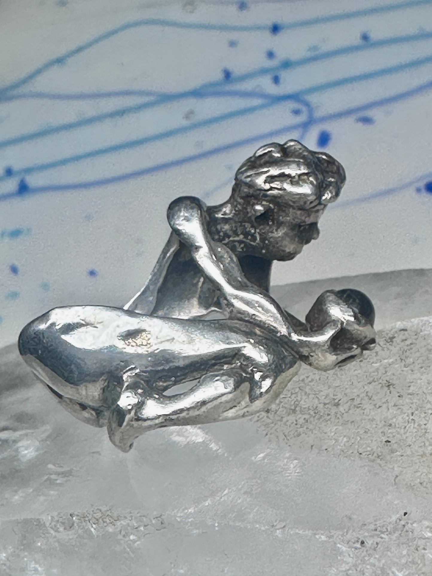 Male Ring figure holding a stone Good Luck size 8.75 sterling silver women