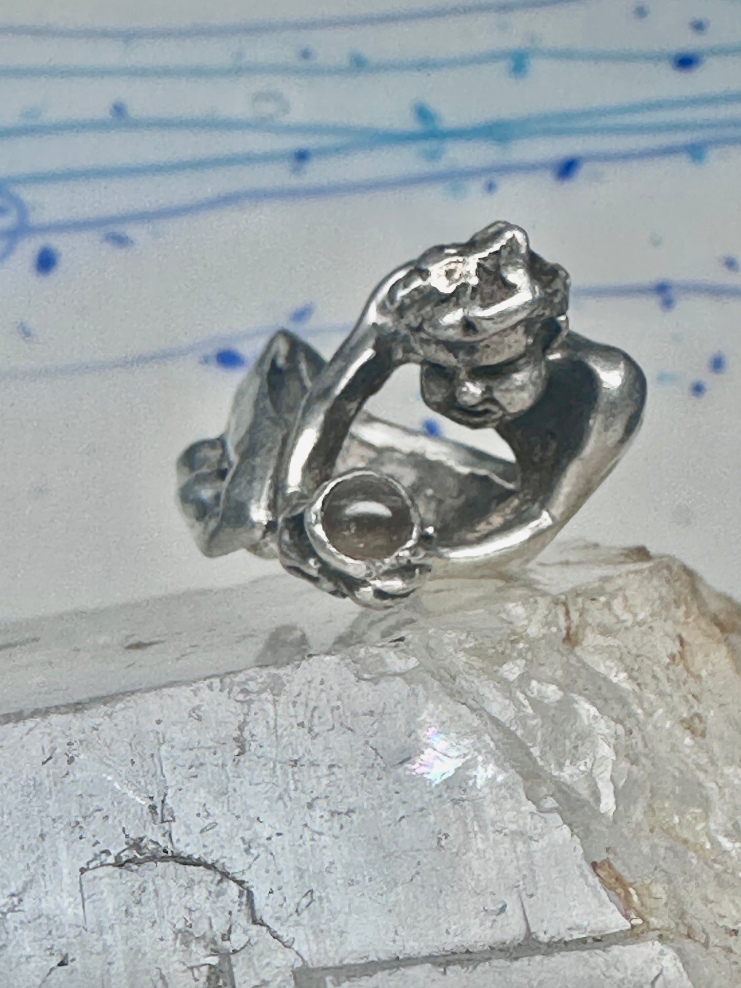 Male Ring figure holding a stone Good Luck size 8.75 sterling silver women