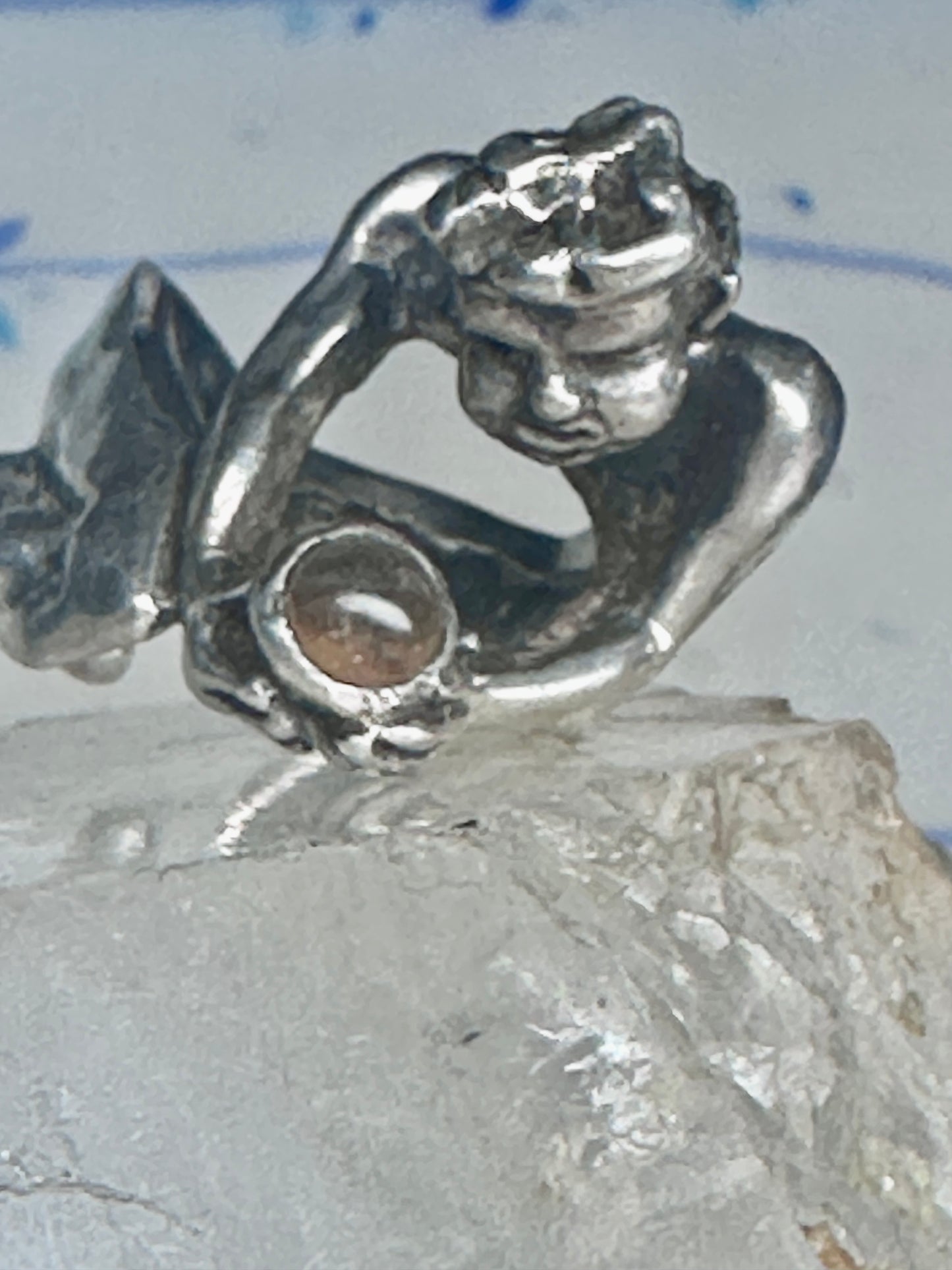 Male Ring figure holding a stone Good Luck size 8.75 sterling silver women