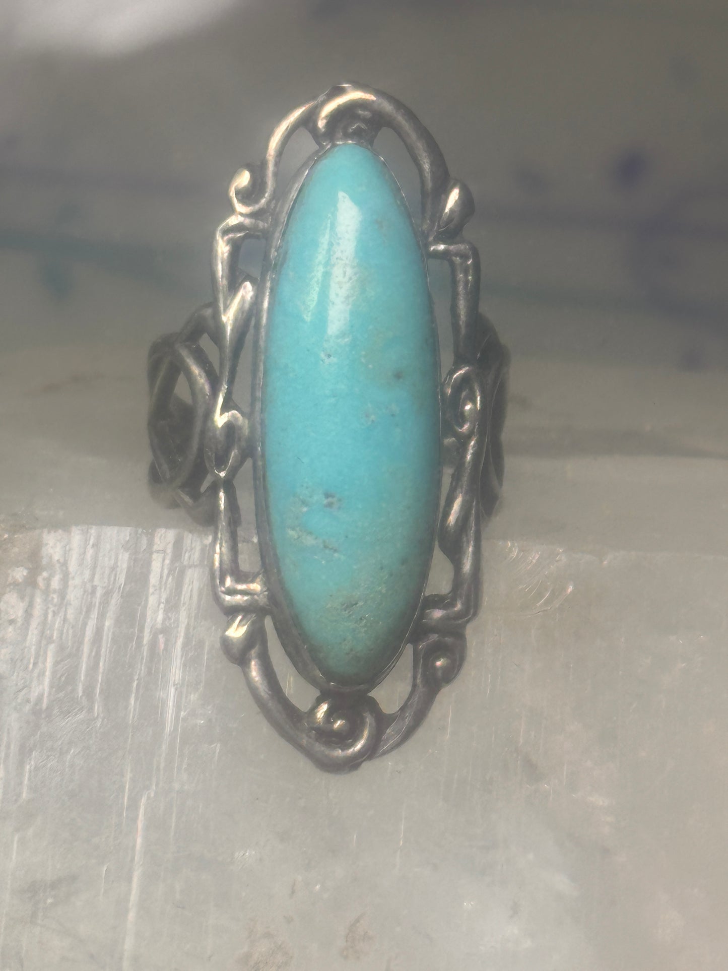 Long Turquoise ring Art Deco Peace size 6.5 sterling silver women girls