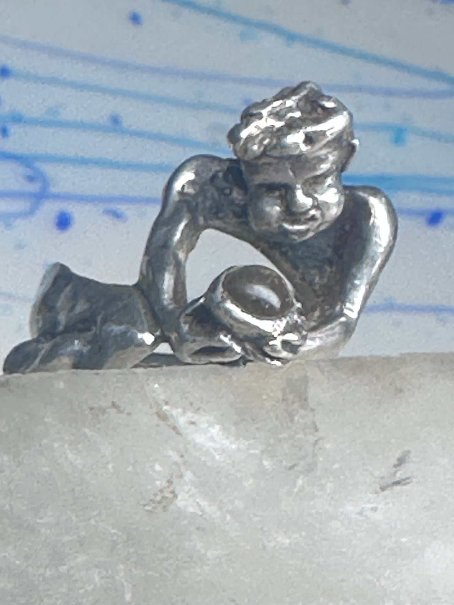 Male Ring figure holding a stone Good Luck size 8.75 sterling silver women