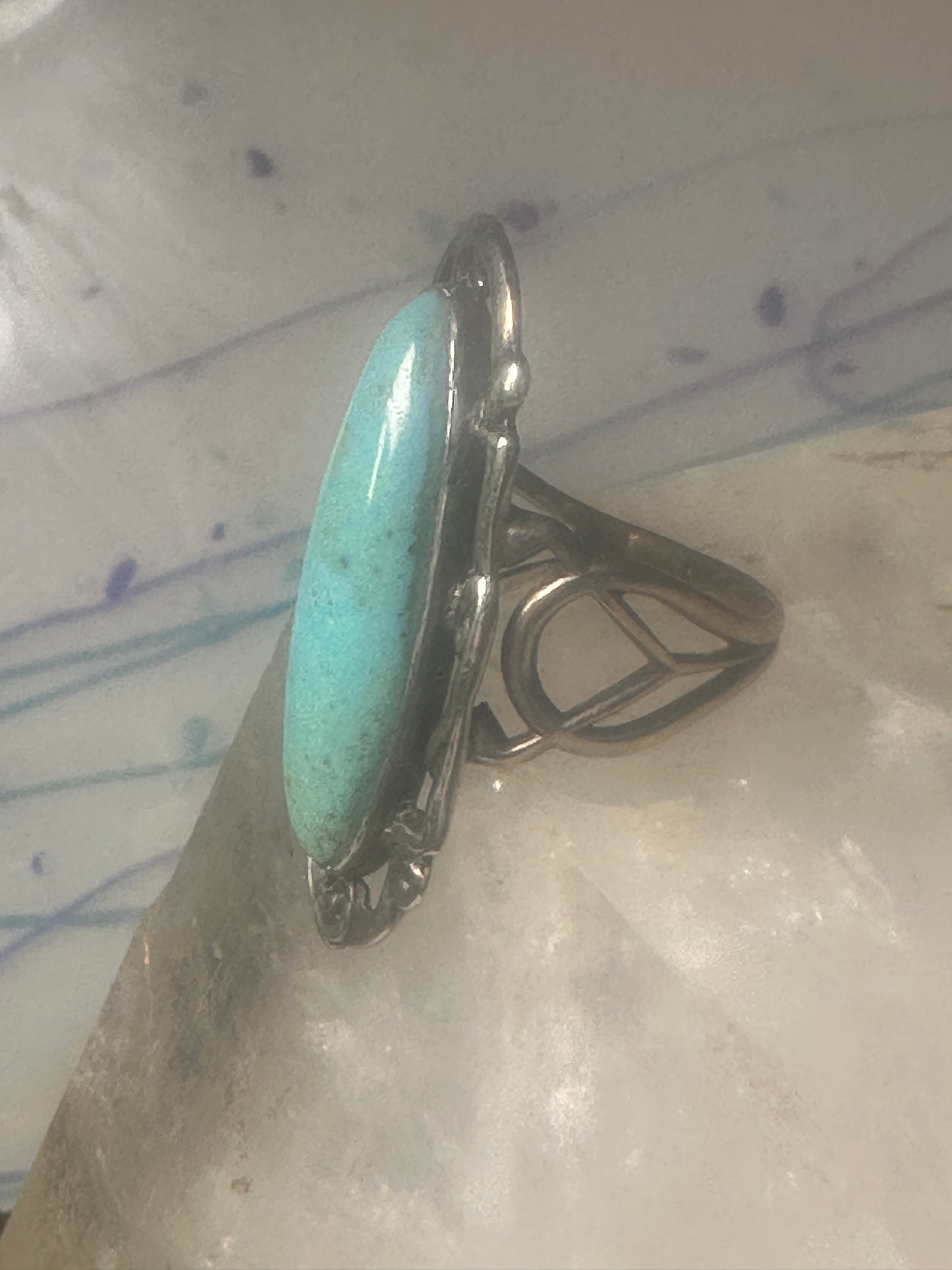 Long Turquoise ring Art Deco Peace size 6.5 sterling silver women girls
