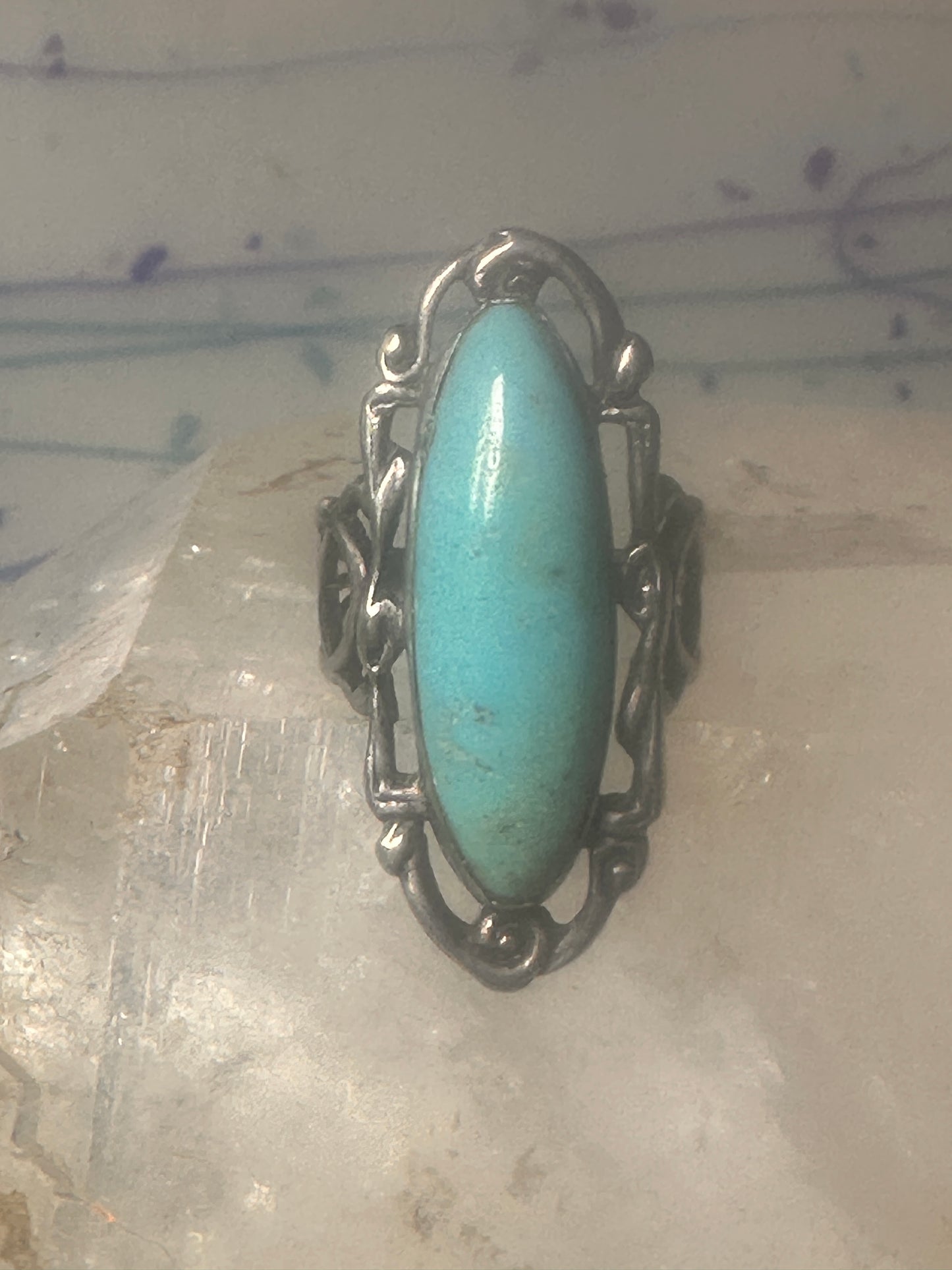 Long Turquoise ring Art Deco Peace size 6.5 sterling silver women girls
