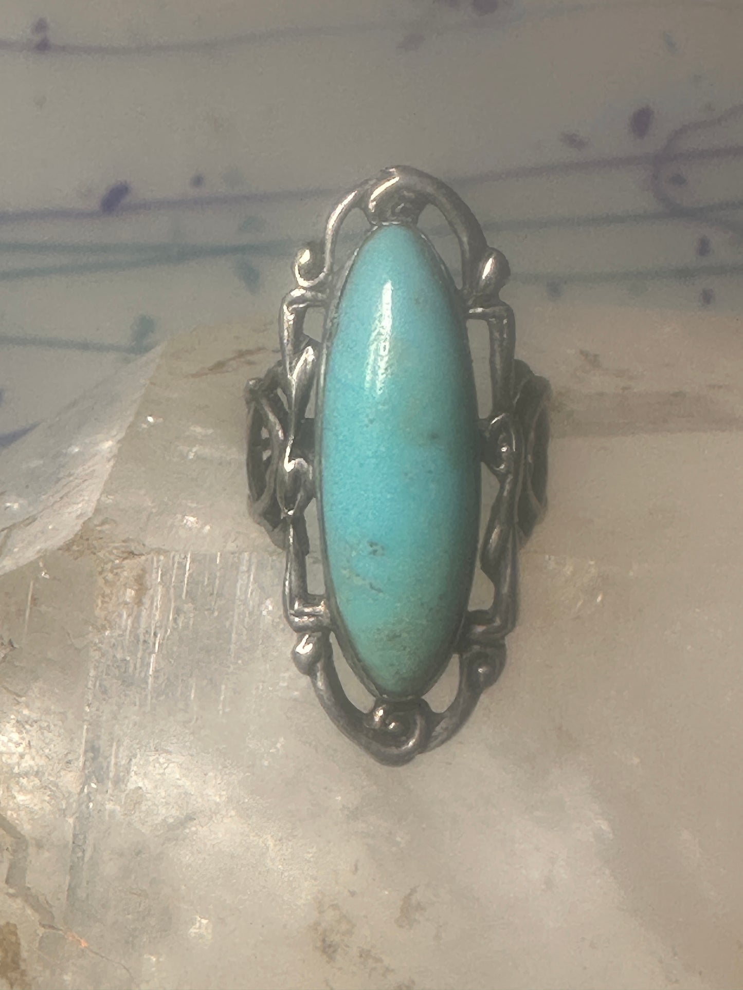 Long Turquoise ring Art Deco Peace size 6.5 sterling silver women girls