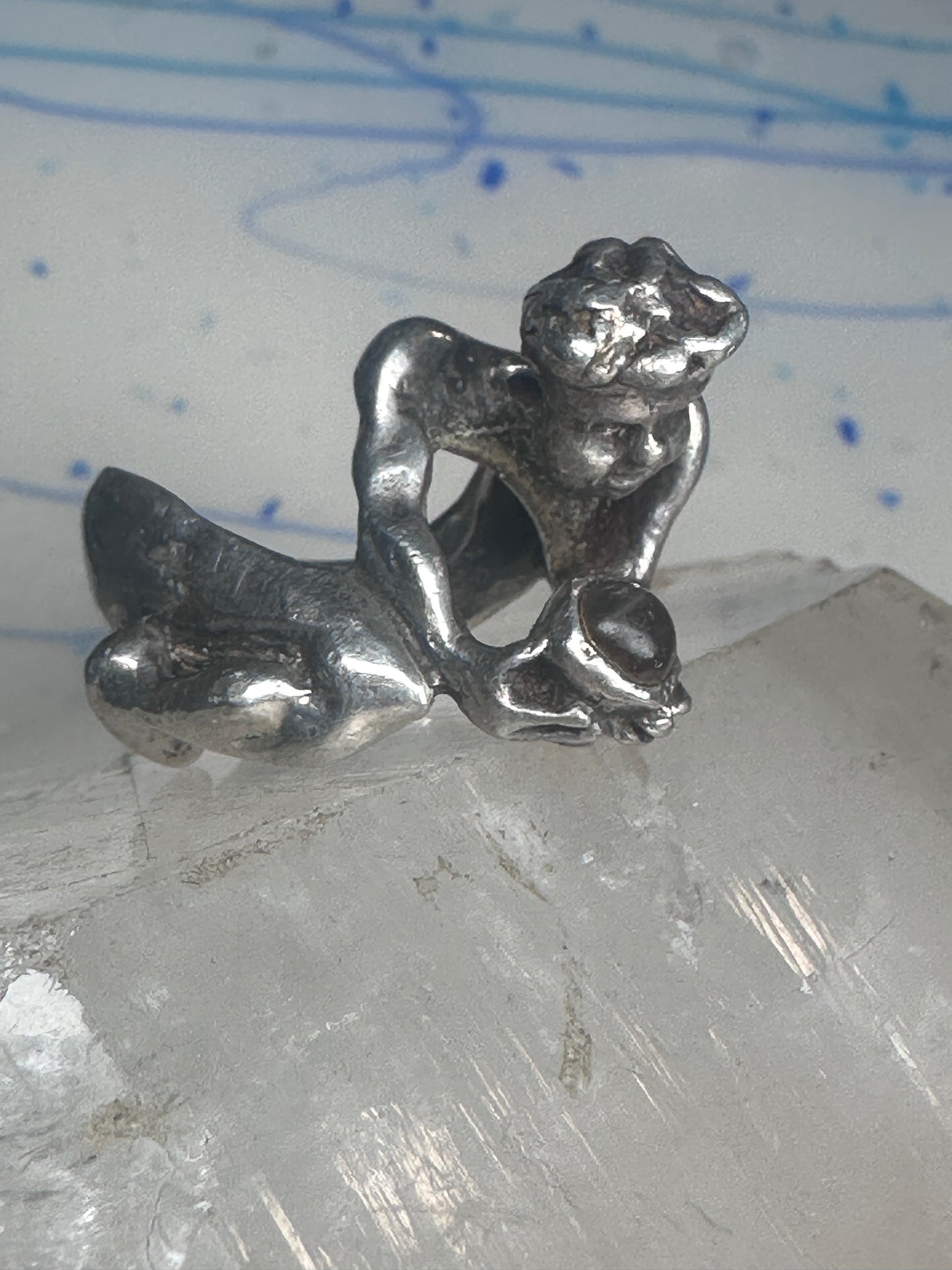 Male Ring figure holding a stone Good Luck size 8.75 sterling silver women