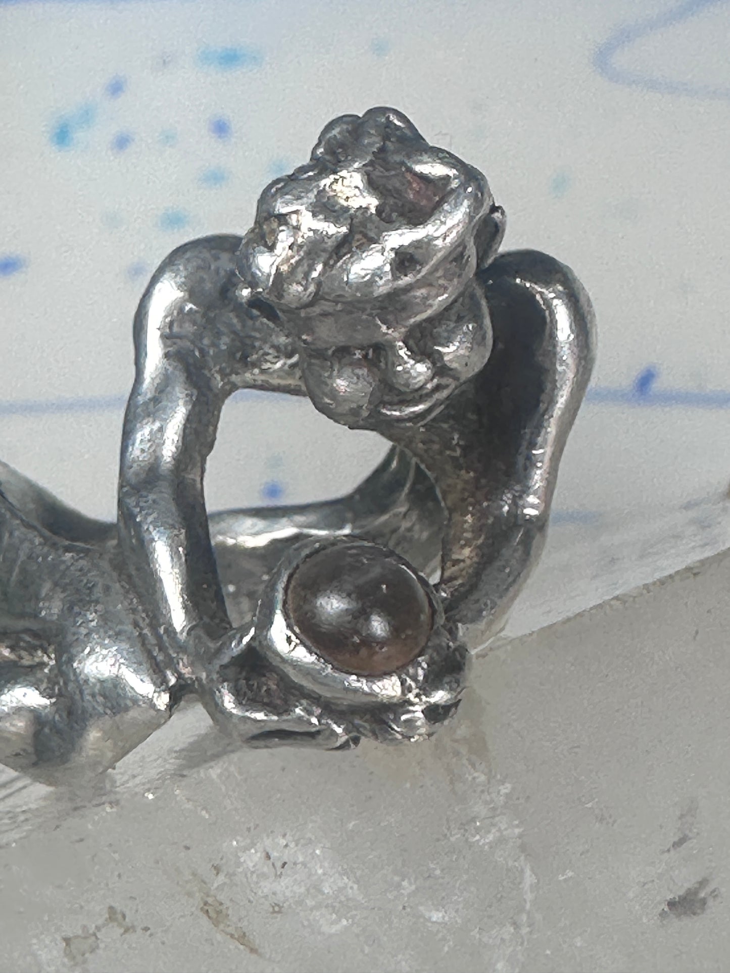 Male Ring figure holding a stone Good Luck size 8.75 sterling silver women