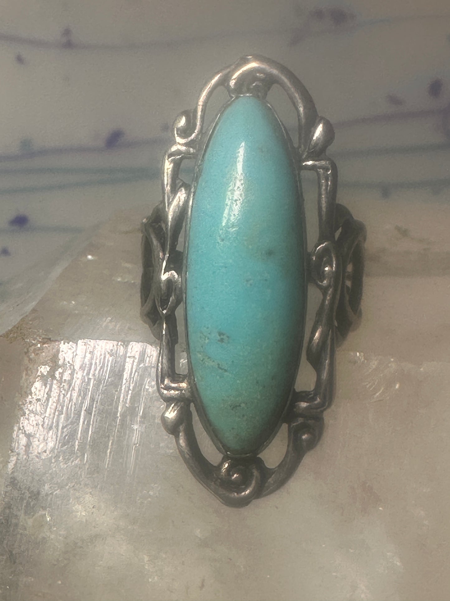Long Turquoise ring Art Deco Peace size 6.5 sterling silver women girls
