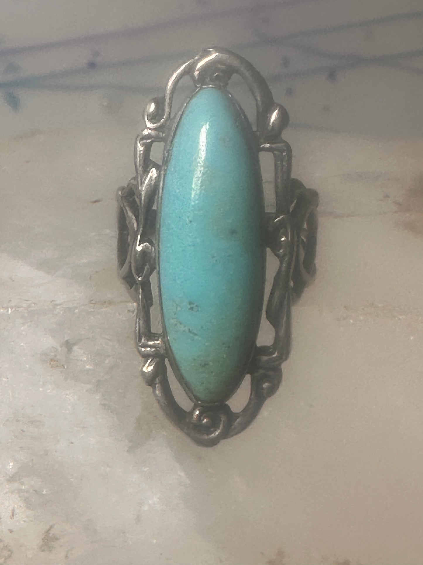 Long Turquoise ring Art Deco Peace size 6.5 sterling silver women girls