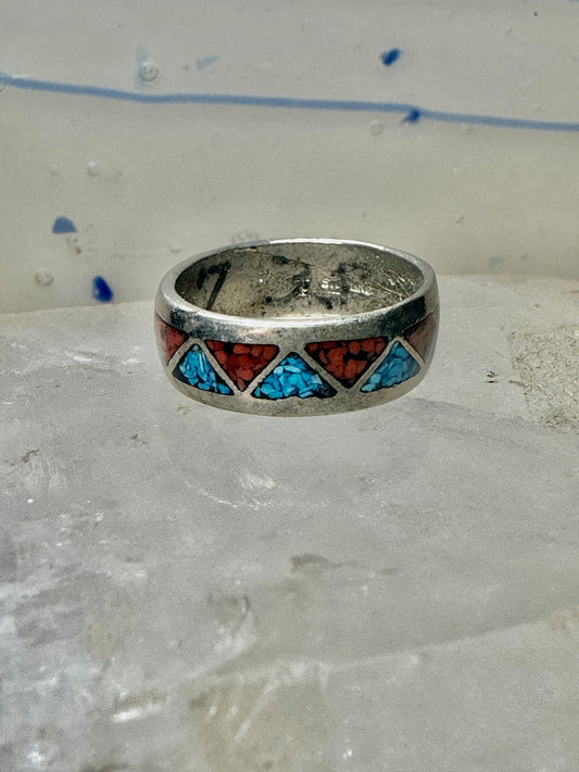 Zuni ring turquoise coral chips wedding band size 6.75 sterling silver women men