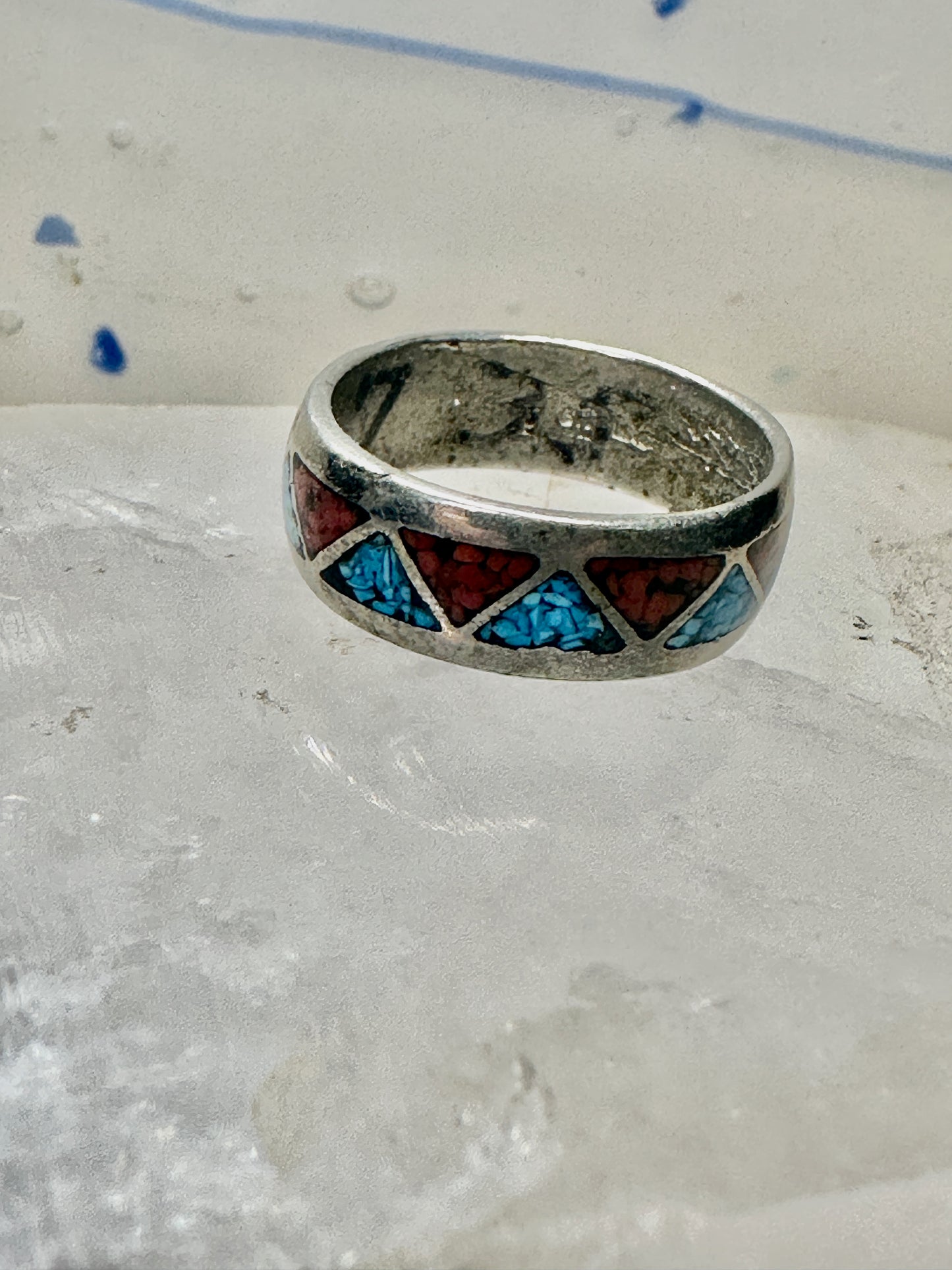 Zuni ring turquoise coral chips wedding band size 6.75 sterling silver women men