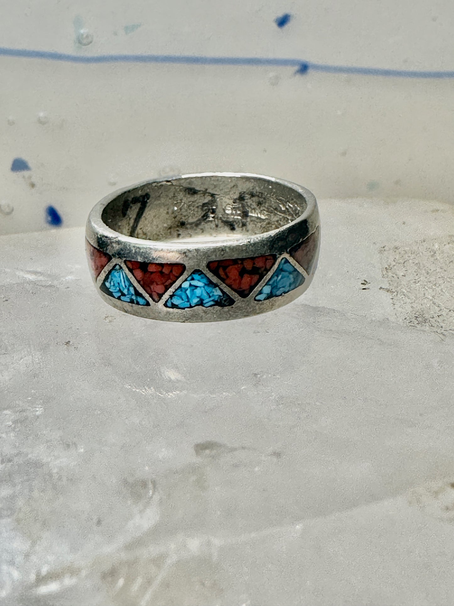 Zuni ring turquoise coral chips wedding band size 6.75 sterling silver women men