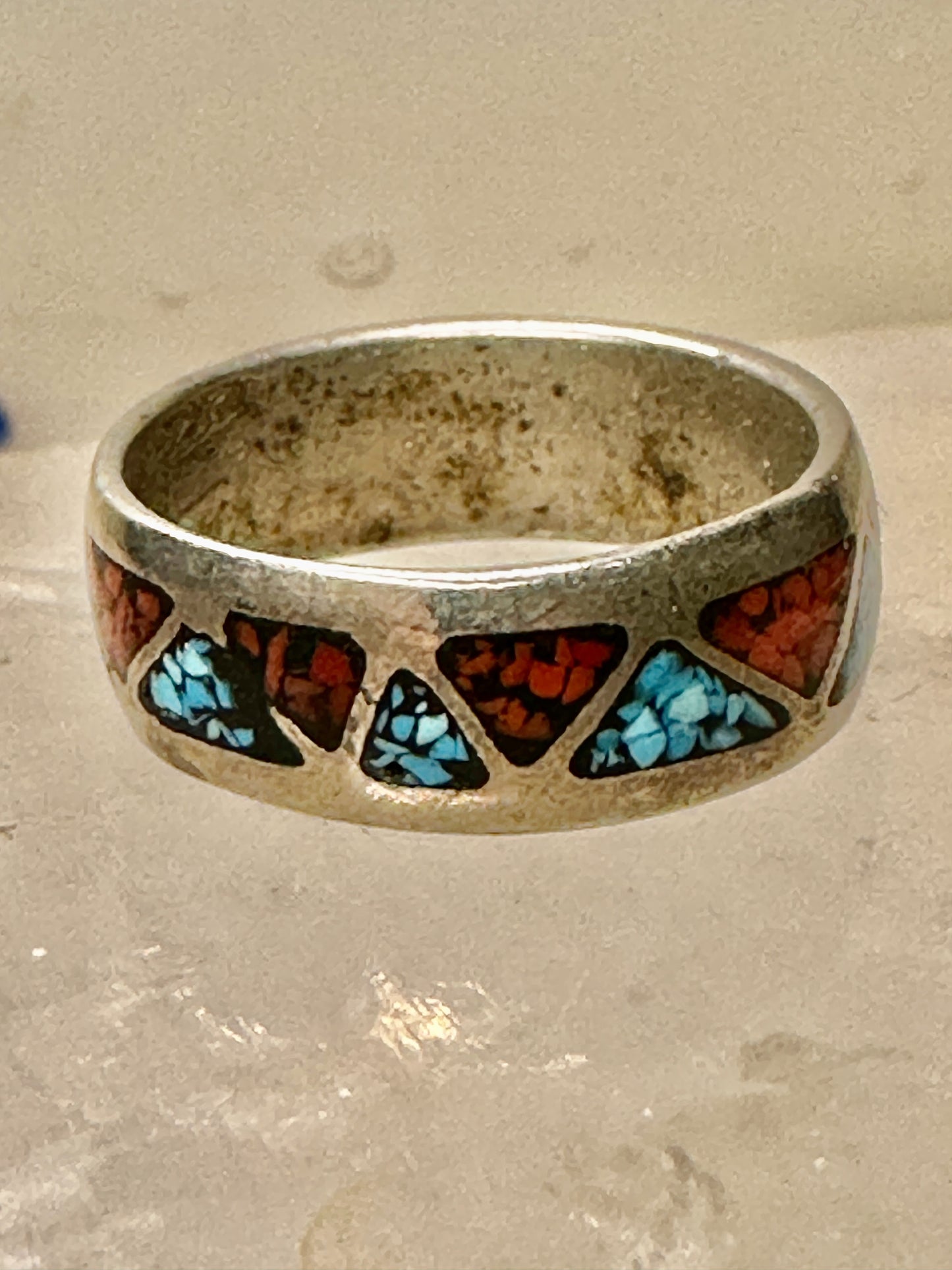 Zuni ring turquoise coral chips wedding band size 6.75 sterling silver women men