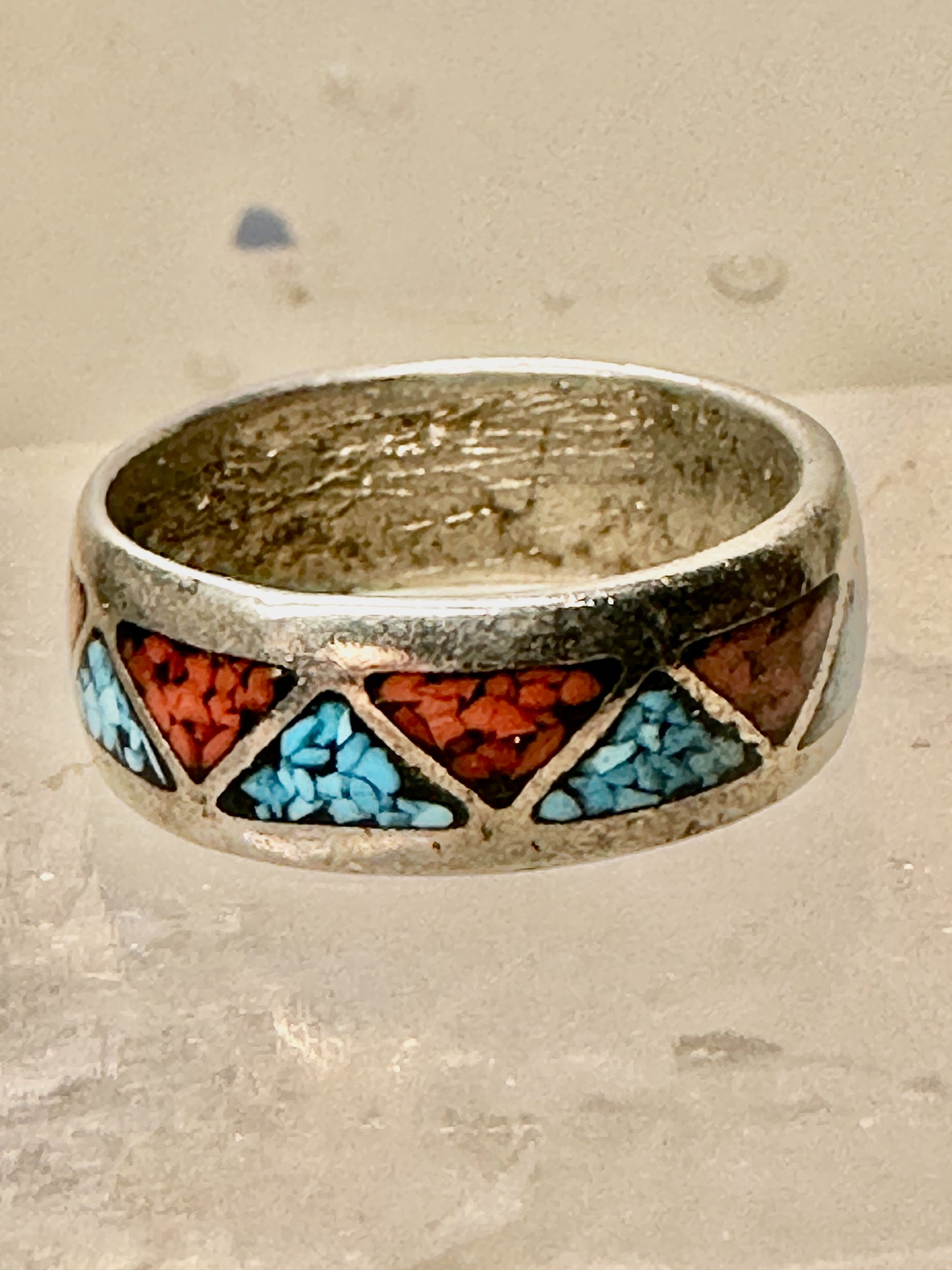 Zuni ring turquoise coral chips wedding band size 6.75 sterling silver women men