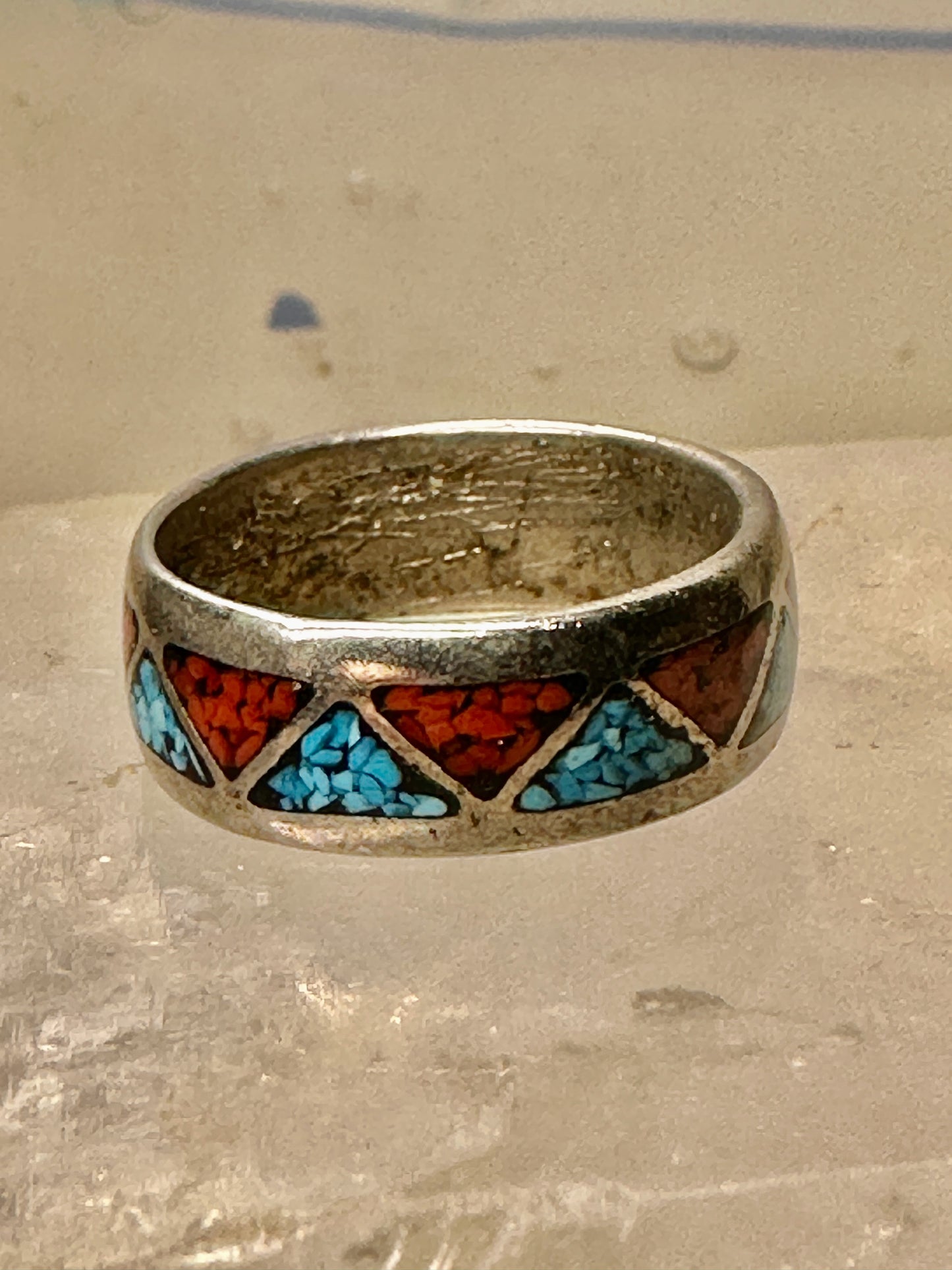 Zuni ring turquoise coral chips wedding band size 6.75 sterling silver women men