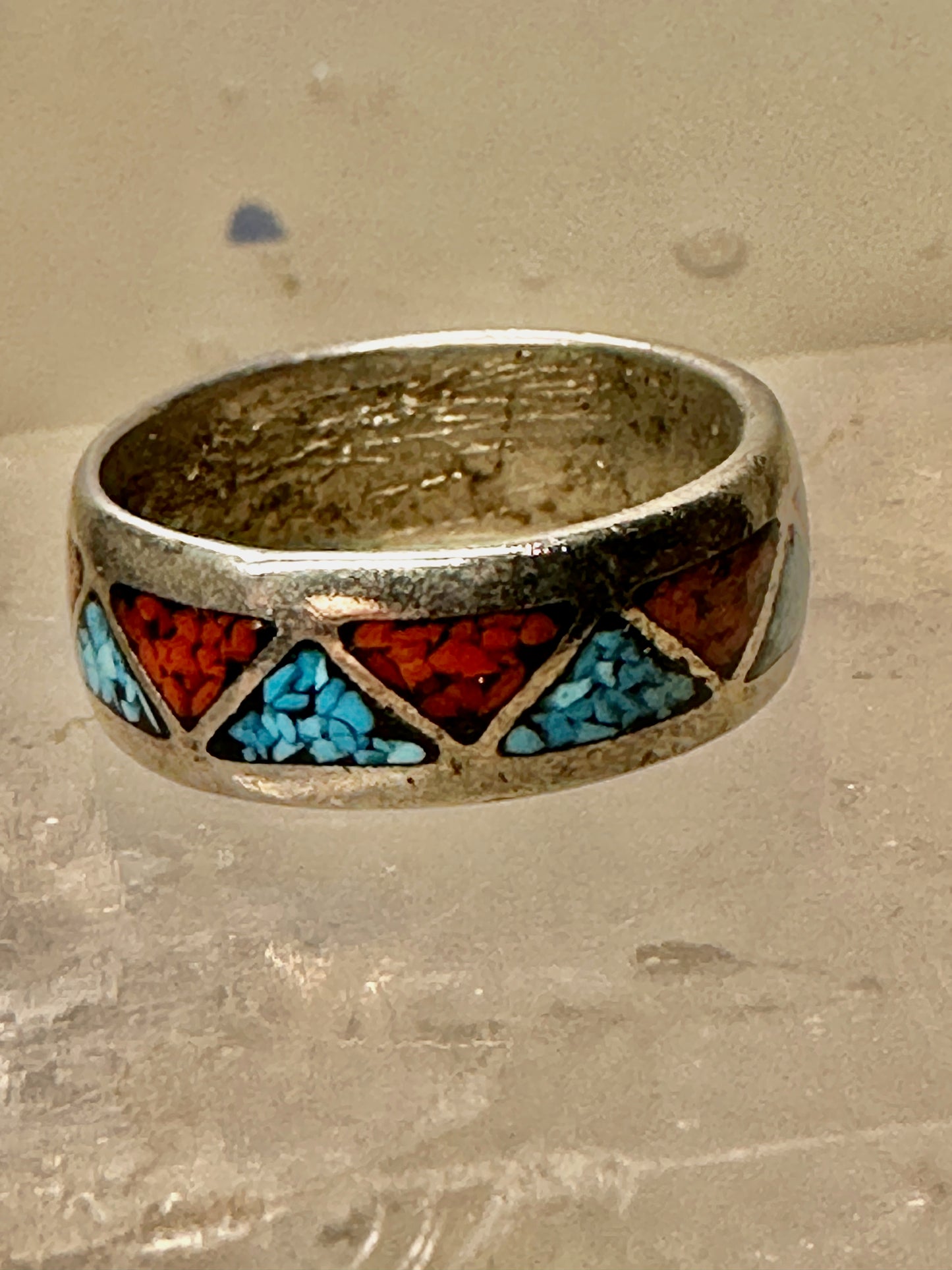 Zuni ring turquoise coral chips wedding band size 6.75 sterling silver women men