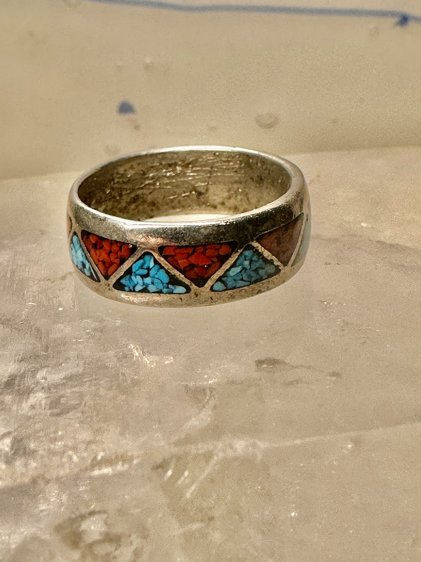 Zuni ring turquoise coral chips wedding band size 6.75 sterling silver women men