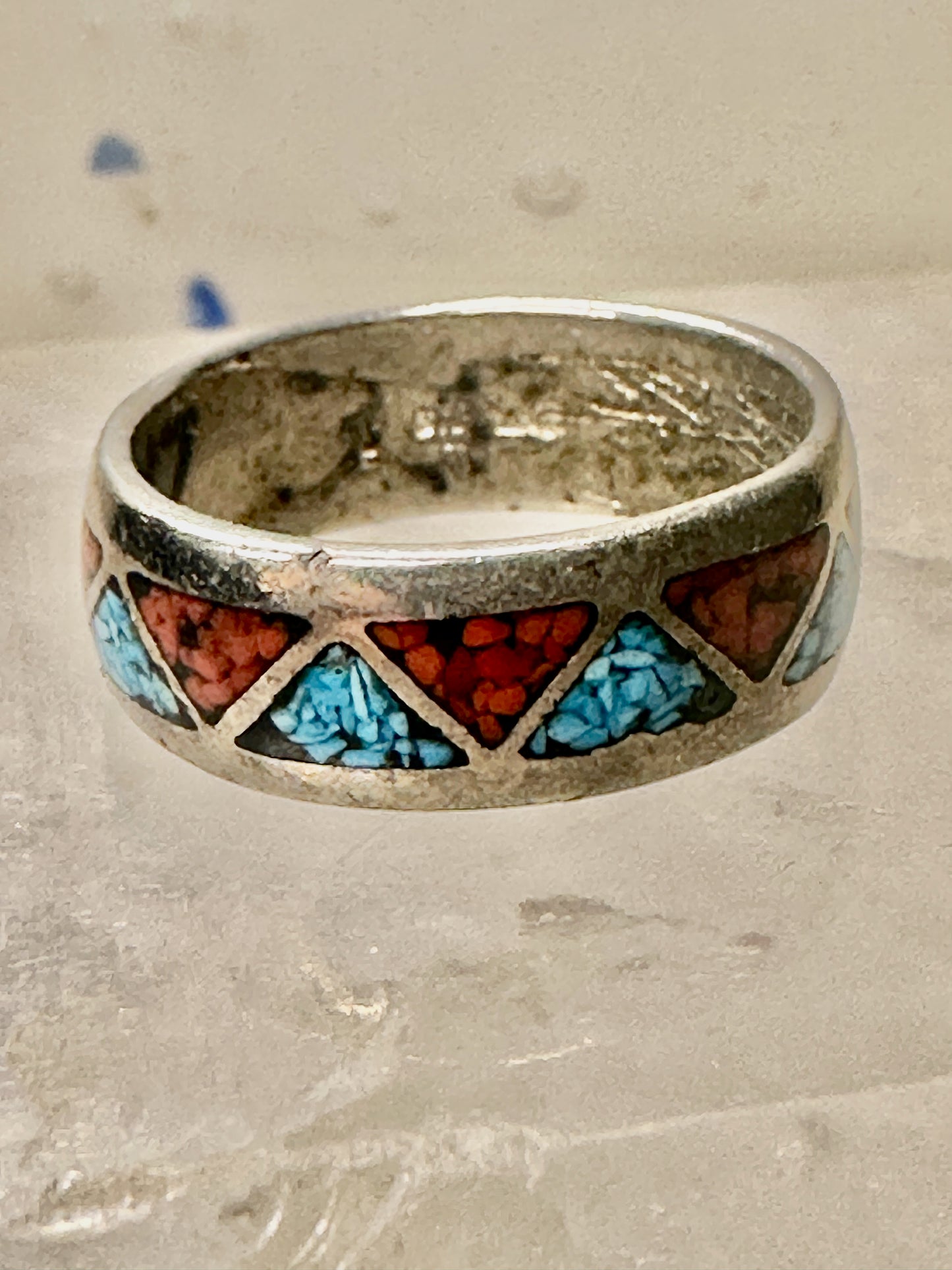 Zuni ring turquoise coral chips wedding band size 6.75 sterling silver women men