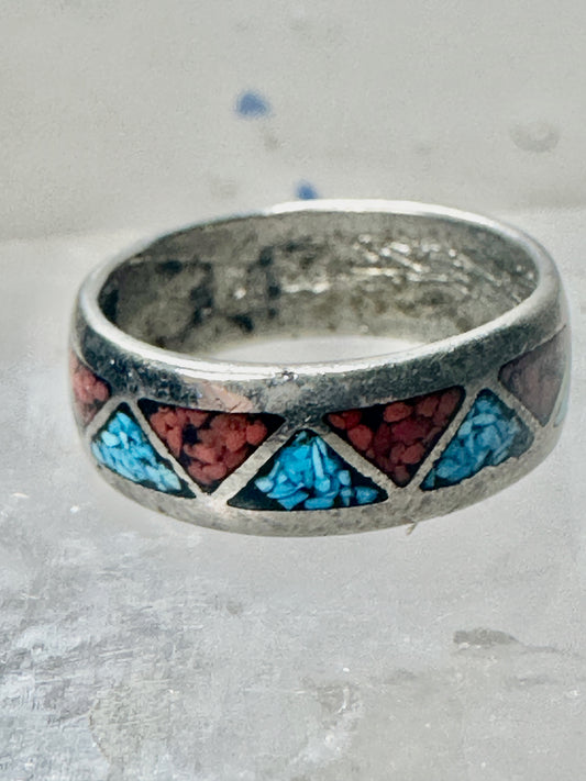 Zuni ring turquoise chips coral wedding band size 8 sterling silver women men
