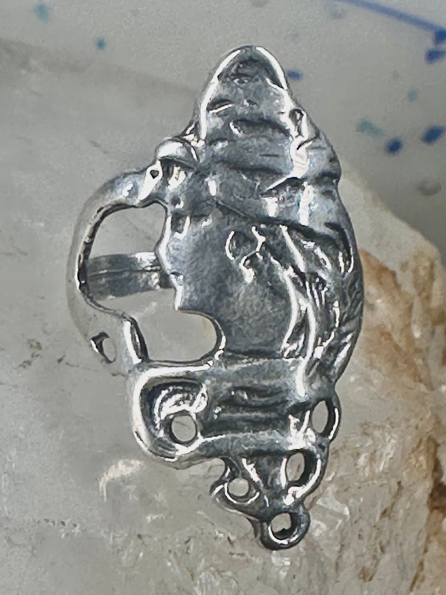 Face ring figurative art deco band size 4 sterling silver women