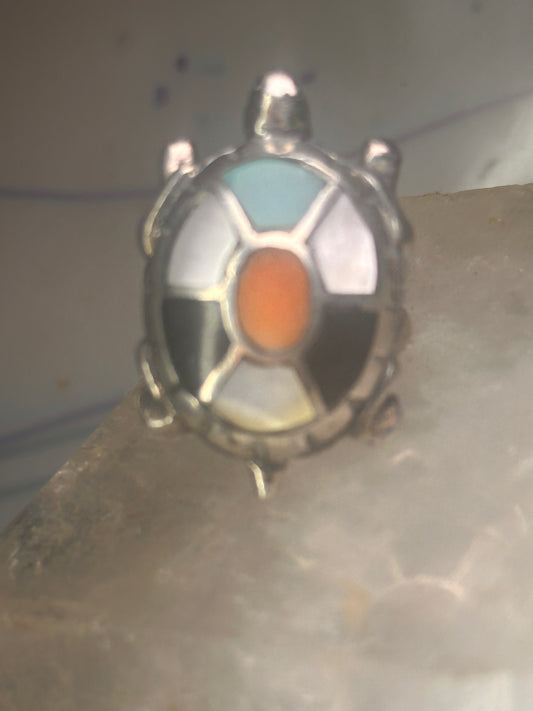 Vintage Turtle ring size 4.25 Navajo  sterling silver  turquoise MOP coral onyx men women