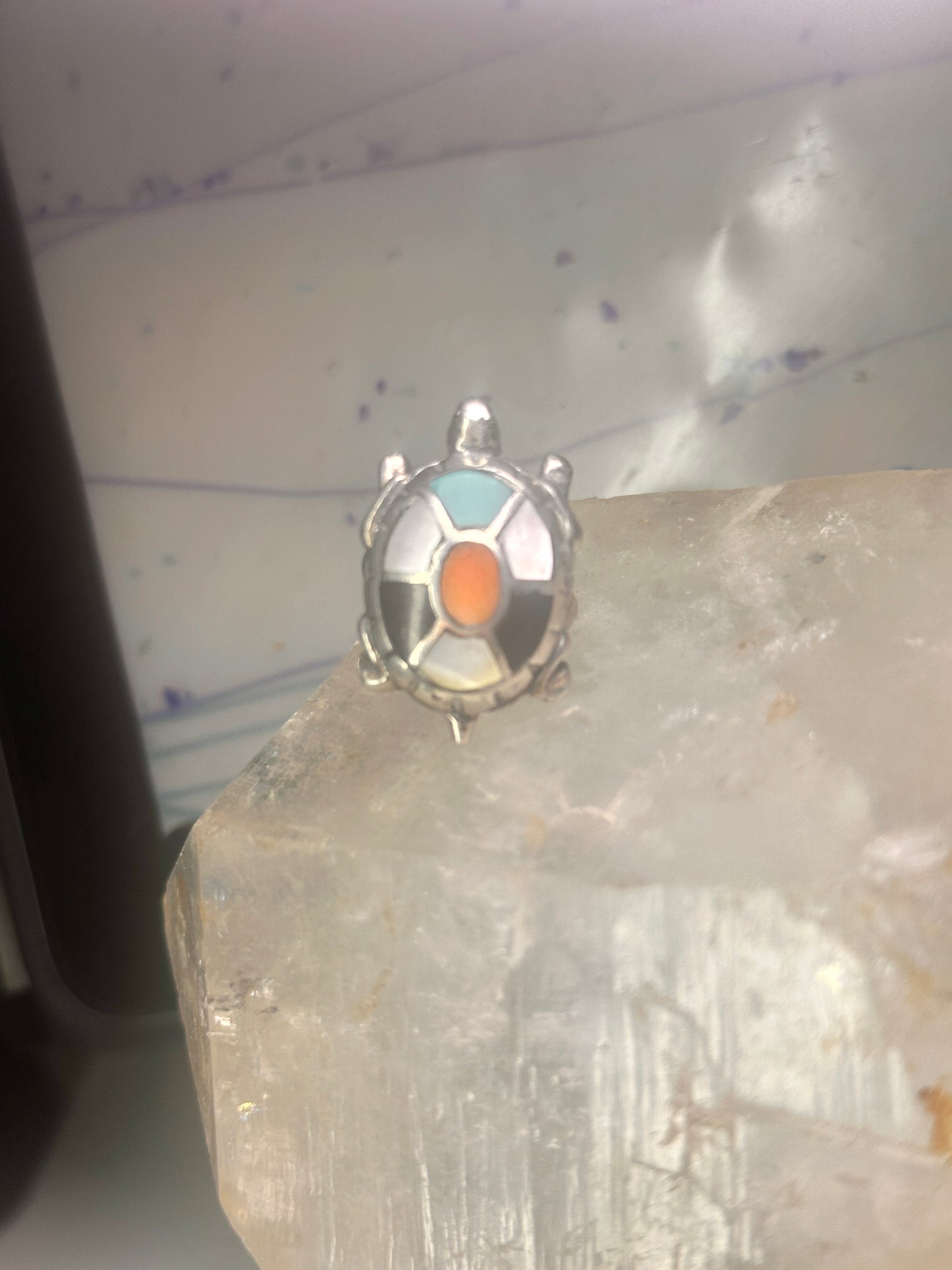 Vintage Turtle ring size 4.25 Navajo  sterling silver  turquoise MOP coral onyx men women