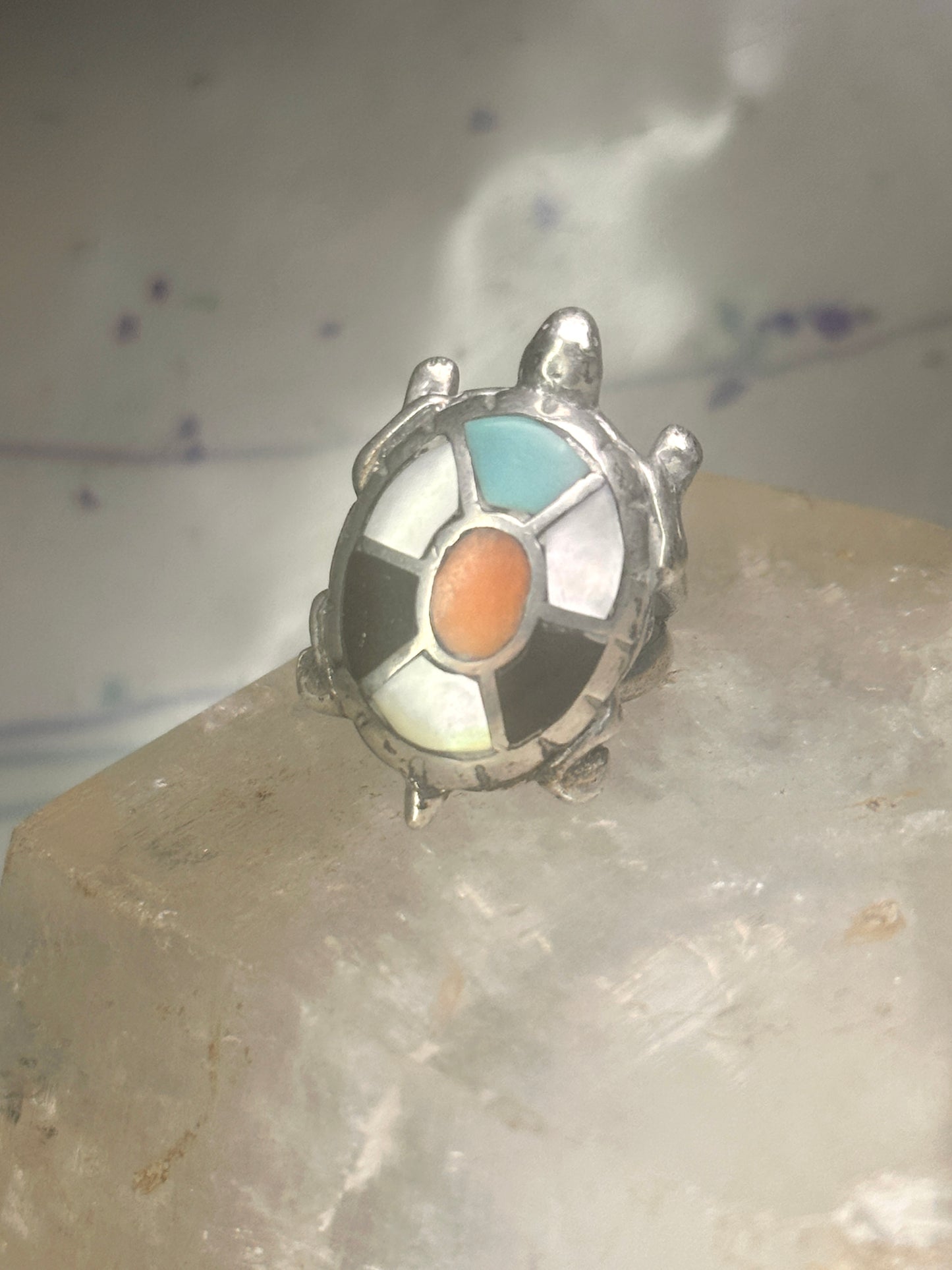 Vintage Turtle ring size 4.25 Navajo  sterling silver  turquoise MOP coral onyx men women